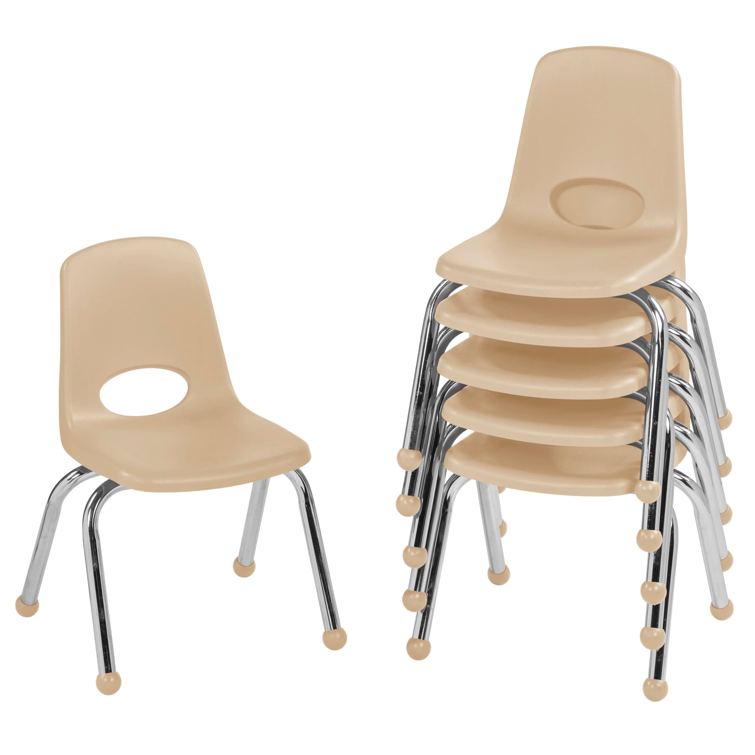 FDP 12" School Stack Chair,Stacking Student Seat with Chromed Steel Legs and Ball Glides For In-Home Learning or Classroom - Sand (6-Pack), 10359-SD