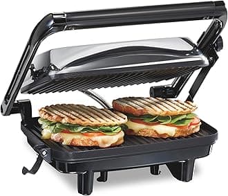 Panini Press Sandwich Maker & Electric Indoor Grill with Locking Lid, Opens Wide to Fit Any Thickness for Quesadillas, Burgers & More, Nonstick 8" x 10" Grids, Chrome (25460MNA)