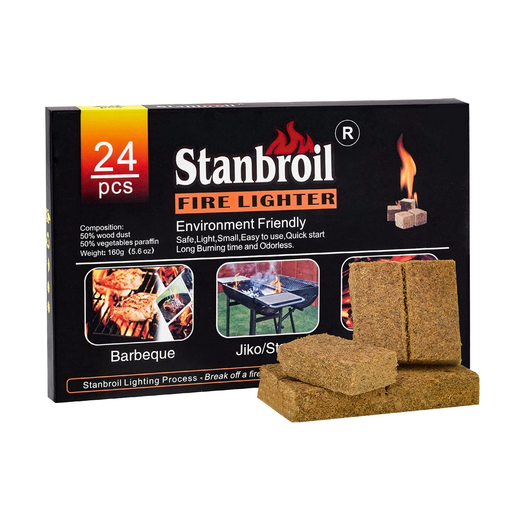 Stanbroil 24 pcs Fire Starters, Squares Natural Charcoal Fire Starters Super Fast Lighting Perfect for Barbecue Grills, Smokers, Wood Stove, Campfires and Outdoor Fireplaces
