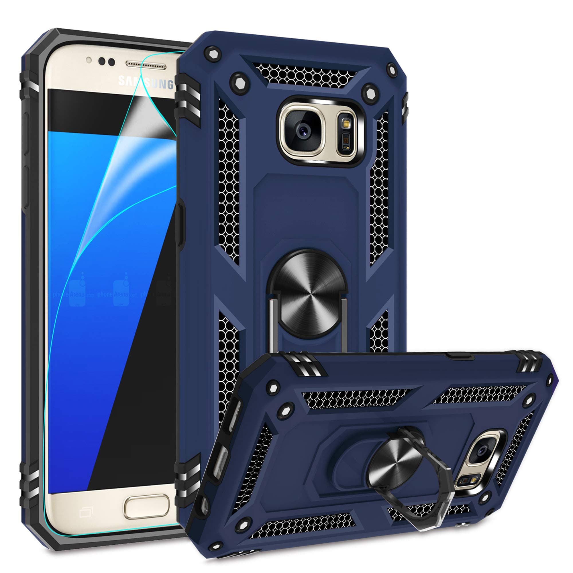 Gritup Compatible for Samsung Galaxy S7 Case with HD Screen Protector, Military-Grade Shockproof Protective Phone Case with Magnetic Kickstand Ring for Samsung S7 Blue