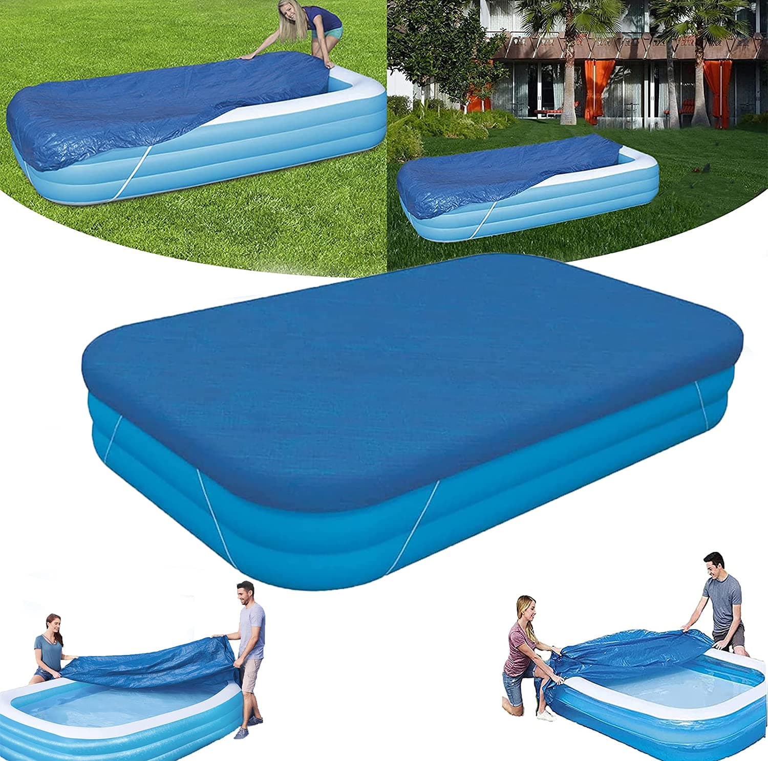 Rectangle Pool Cover, Easy Set Up Rectangle Inflatable Swimming Pool Cover Dustproof Pools Protector, Fits 120 in x 72 in Frame Pool and Solar Pool Cover for Garden Outdoor Pools Cover(10ft X 6ft)
