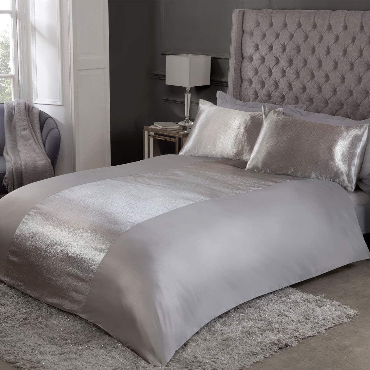 Sleepdown Bedding Set with Pillowcase Satin Stirpe Soft Cosy Plain Reverse Duvet Cover Grey Polyester Double (200cm x 200cm)