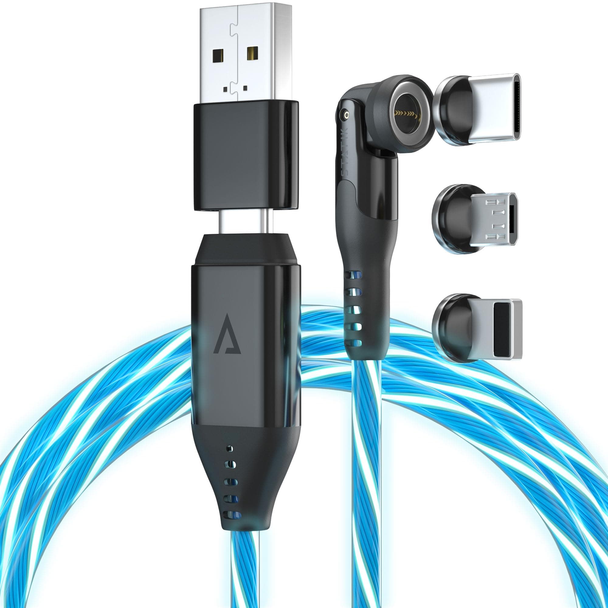 Statik 360 Pro Magnetic Charging Cable - Fast Charger USB C Charger Cable, Phone Charger 3 in 1 USB C to USB C, Micro USB & iProduct Tips, USB A Adapter - 100W GloBright 6FT/2M
