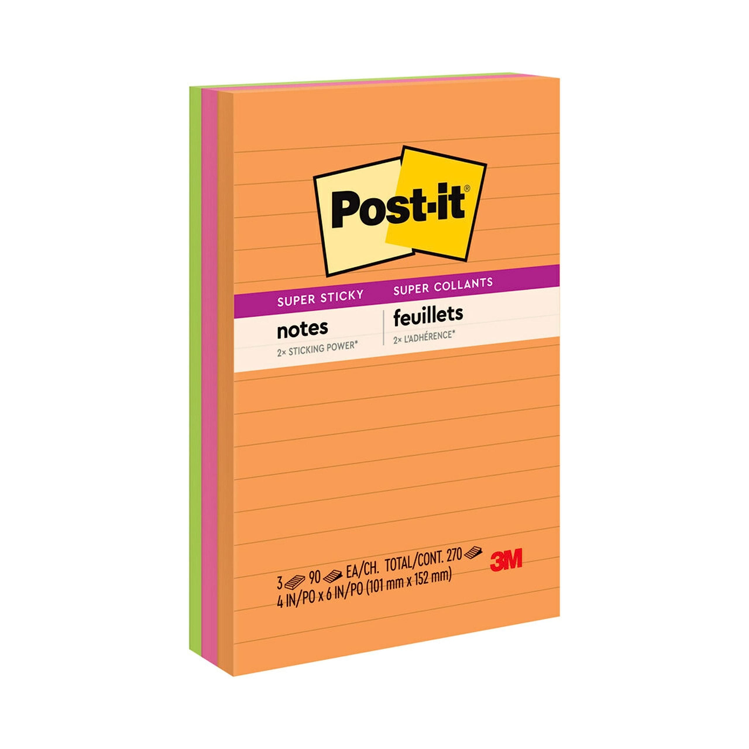 Super Sticky Lined Notes, 3 Sticky Note Pads, 4 x 6 in., Ideal for Organization in Your Dorm, Home or Office, Energy Boost Collection