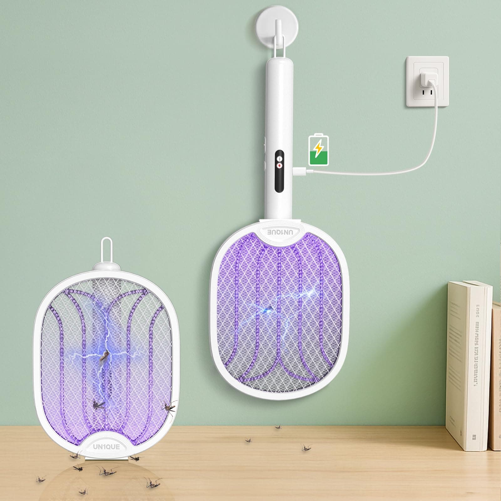 Foldable Mosquito Bat Rechargeable with UV Light Lamp, 2-in-1 Mosquito Racket, Electric Mosquito Killer Racket, 1200mAh Long-Lasting Battery, Rotatable Bug Zapper - White