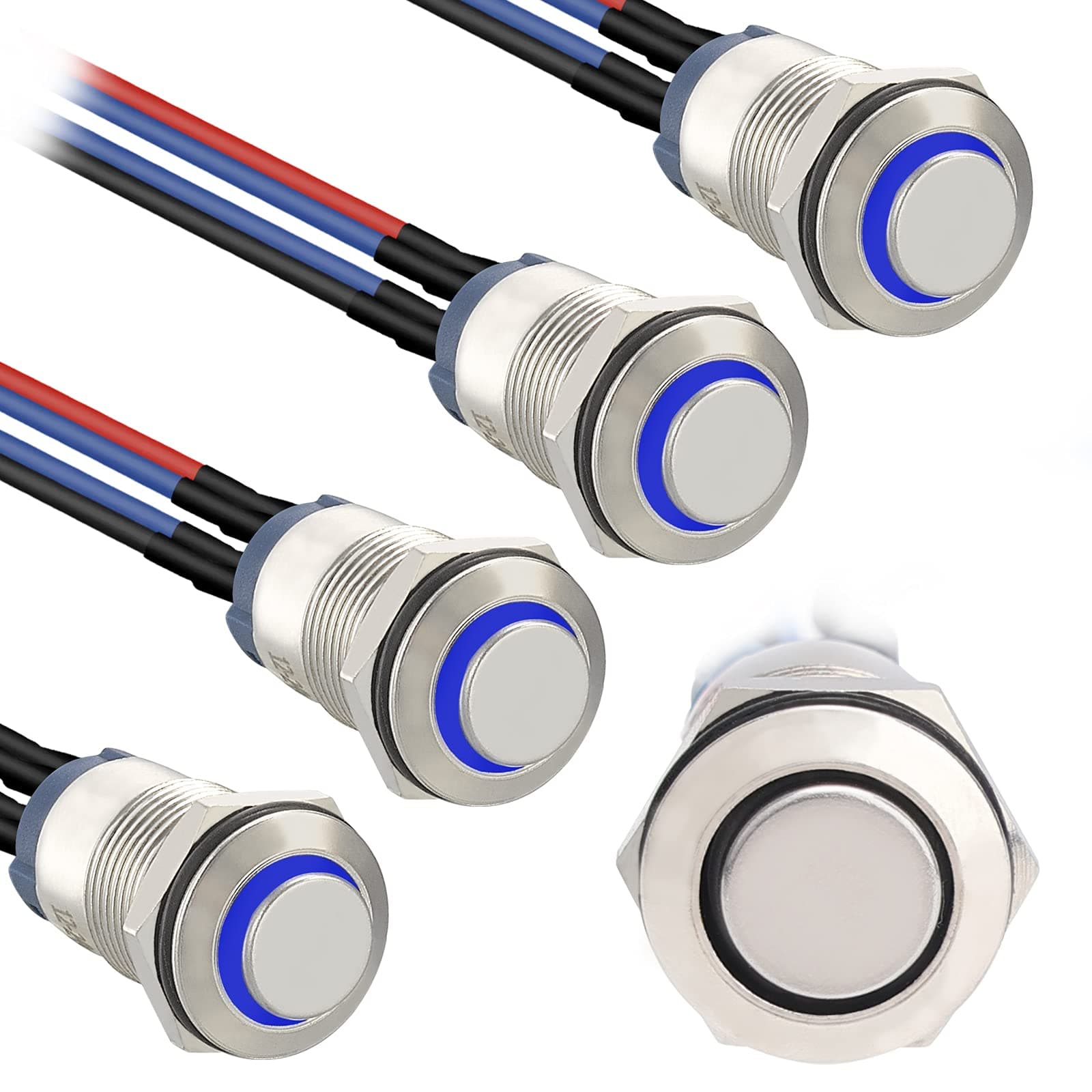 STARELO 5pcs 12mm Latching led Push Button Switch Silver Shell with pre-Wiring, IP65 Waterproof Push Button Switch,1NO 1 Normally,Self-Locking with LED(Blue).