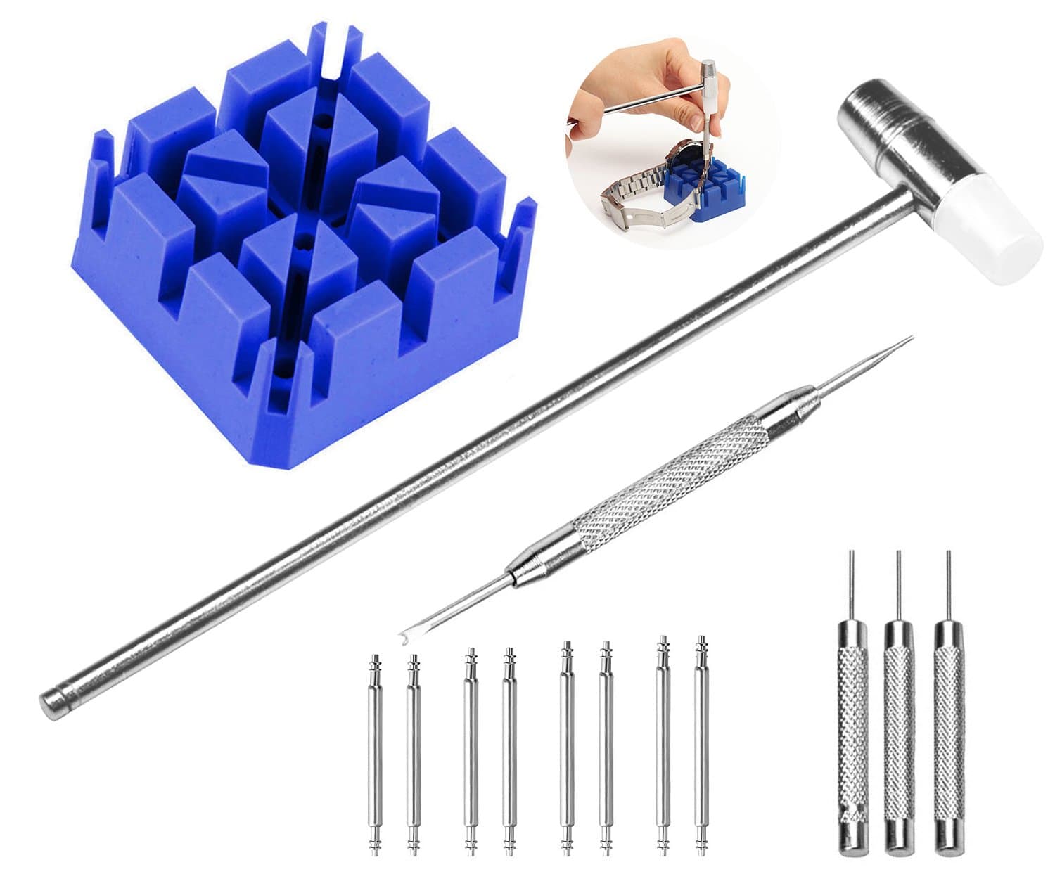 Watch Strap Repair Kit with Spring Bar Remover/Watch Strap Holder/Hammer/Watch Pins/Pin Breaker, Watchmaker Tool Repair Kit