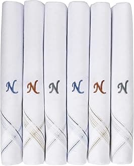 Caruso Italy Men's Initial Monogram Embroidery 100% Pure Cotton Handkerchief White Base With Colored Border - Pack Of 6