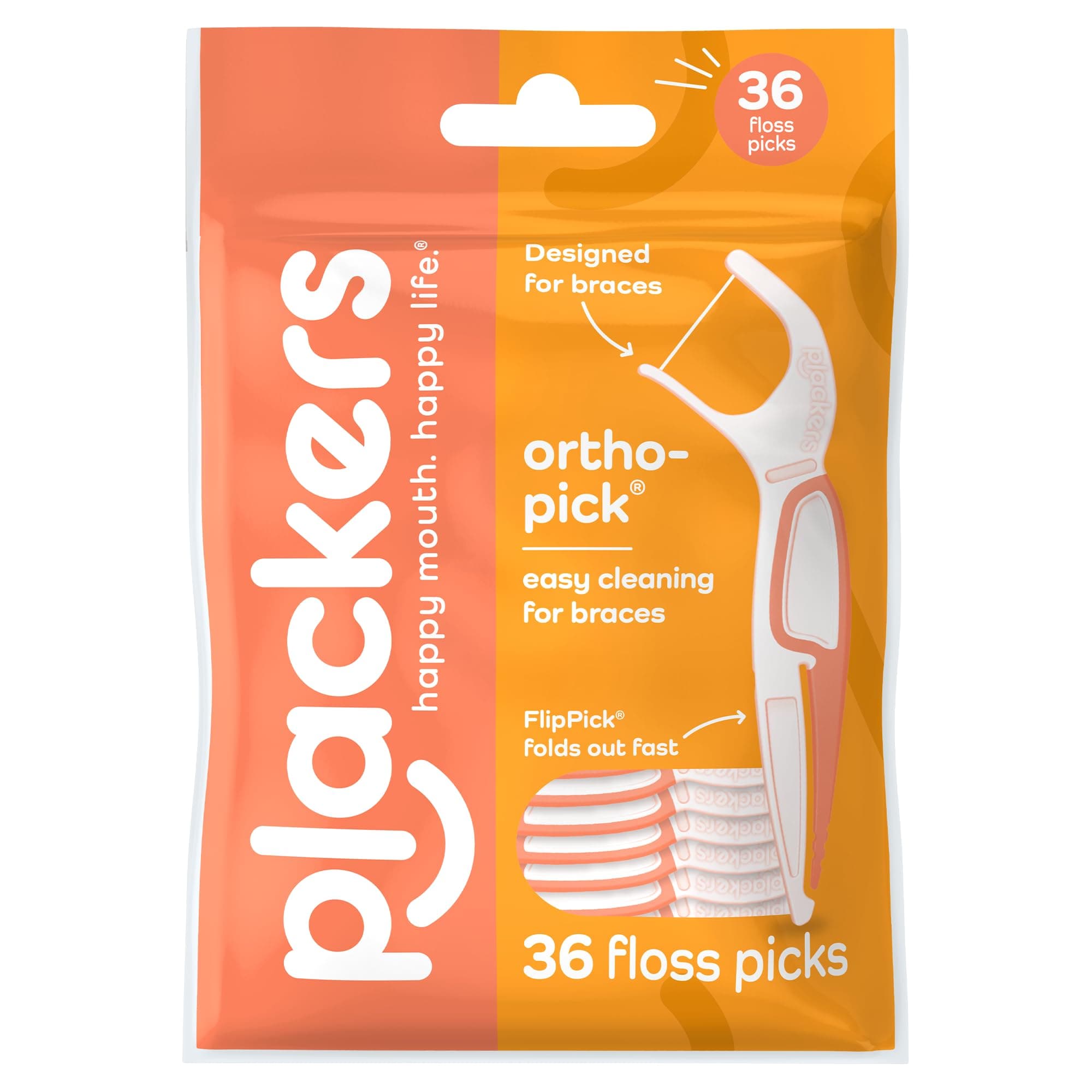 Plackers OrthoPick® Floss Picks Designed for Braces, Tuffloss® Made Without PTFE, FlipPick® Clean Between Brackets, 36 Count