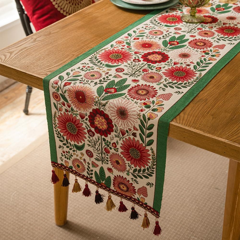 Red Pink Floral Table Runner Green Leaf Table Runner 35x180cm/13.8x71Inch With Handmade Tassels Boho Polyester Cotton Linen Table Runner for Home Party Seasonal Spring Kitchen Dining Table Decoration