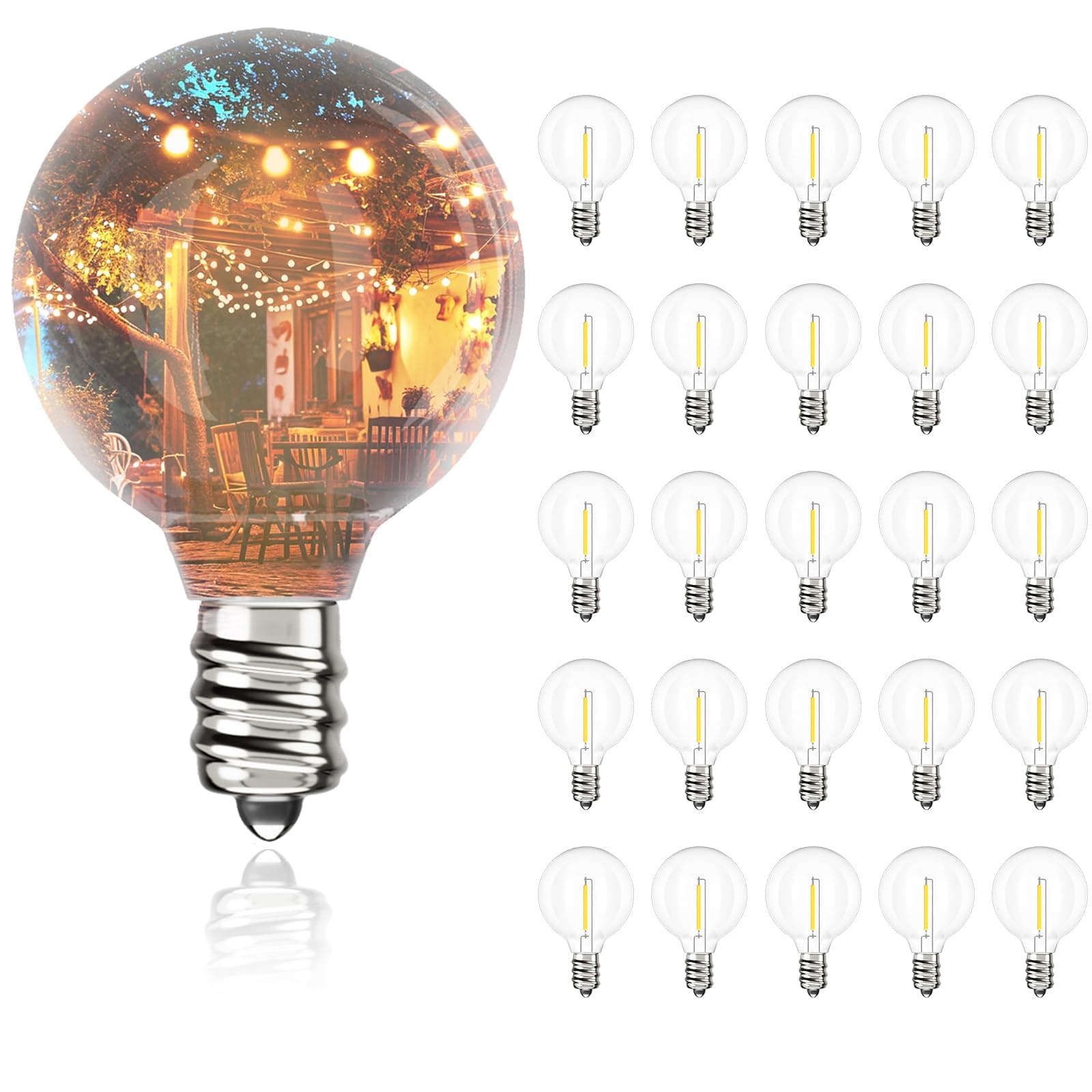 G40 LED Replacement Bulbs for Outdoor String Lights, 25 Pack Dimmable Shatterproof Globe Bulbs, E12/C7 Screw Base Edison Light Bulbs for Indoor Outdoor Patio Decor, Warm White 2700K