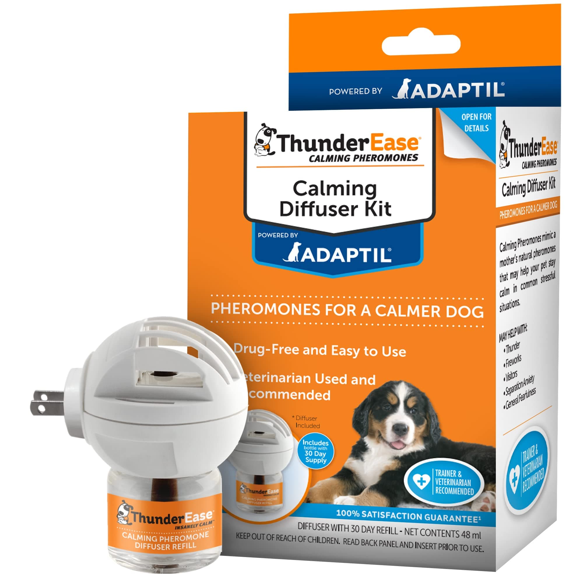 ThunderEase Dog Calming Pheromone Diffuser Kit - Relieve Separation Anxiety, Stress Barking And Chewing, Fear Of Fireworks Thunderstorms - 30 Day Supply