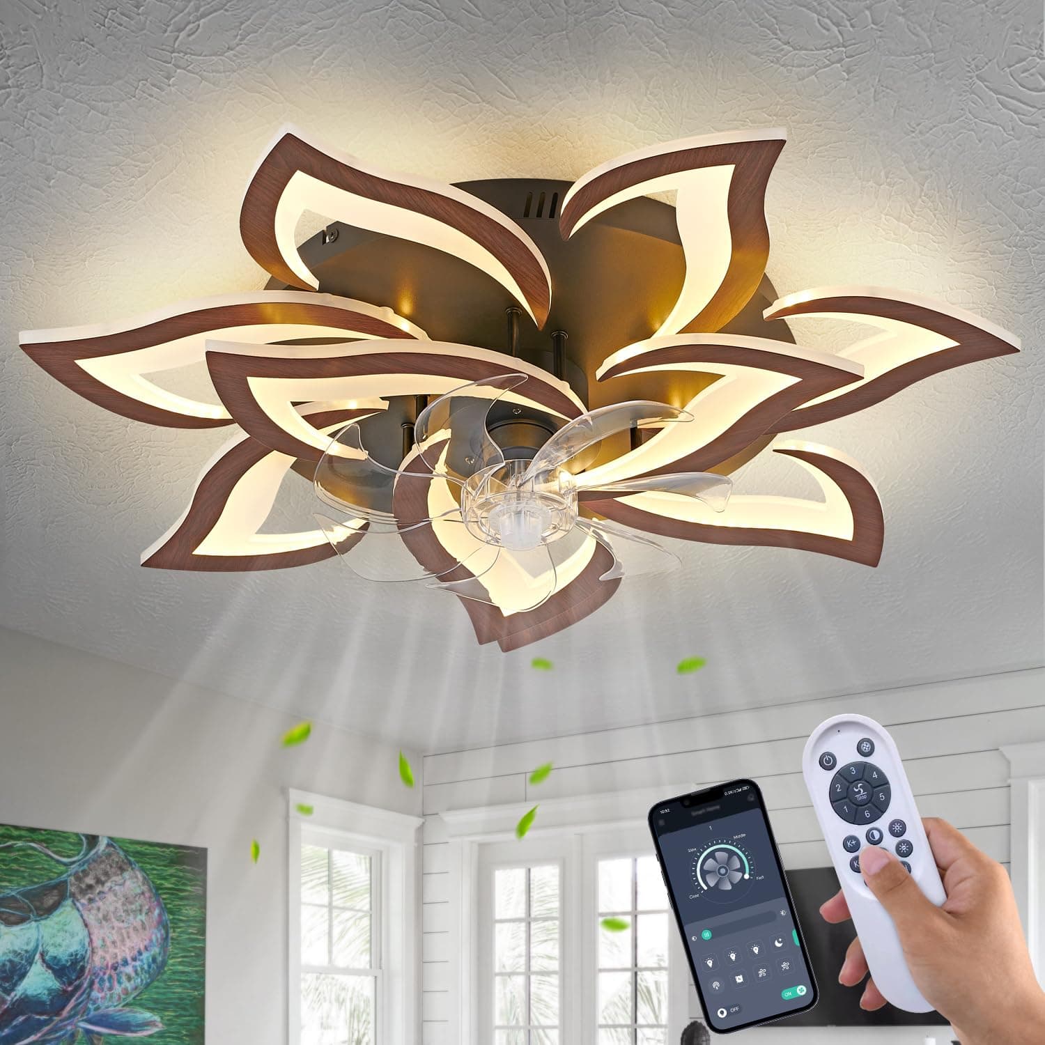 Modern Ceiling Fan with Lights Remote Control, 32" Wood Ceiling Fan with Light, 6 Speeds 3 Light Color Low Profile Flush Mount Ceiling Fan for Kitchen Bedroom