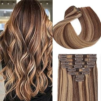 Clip in Hair Extensions Real Human Hair for Women Invisible Natural Straight Seamless Clip on Hair Extensions 8pcs Double Weft 55g (#4P/27 Medium Brown/Dark Blonde, 12 Inch)