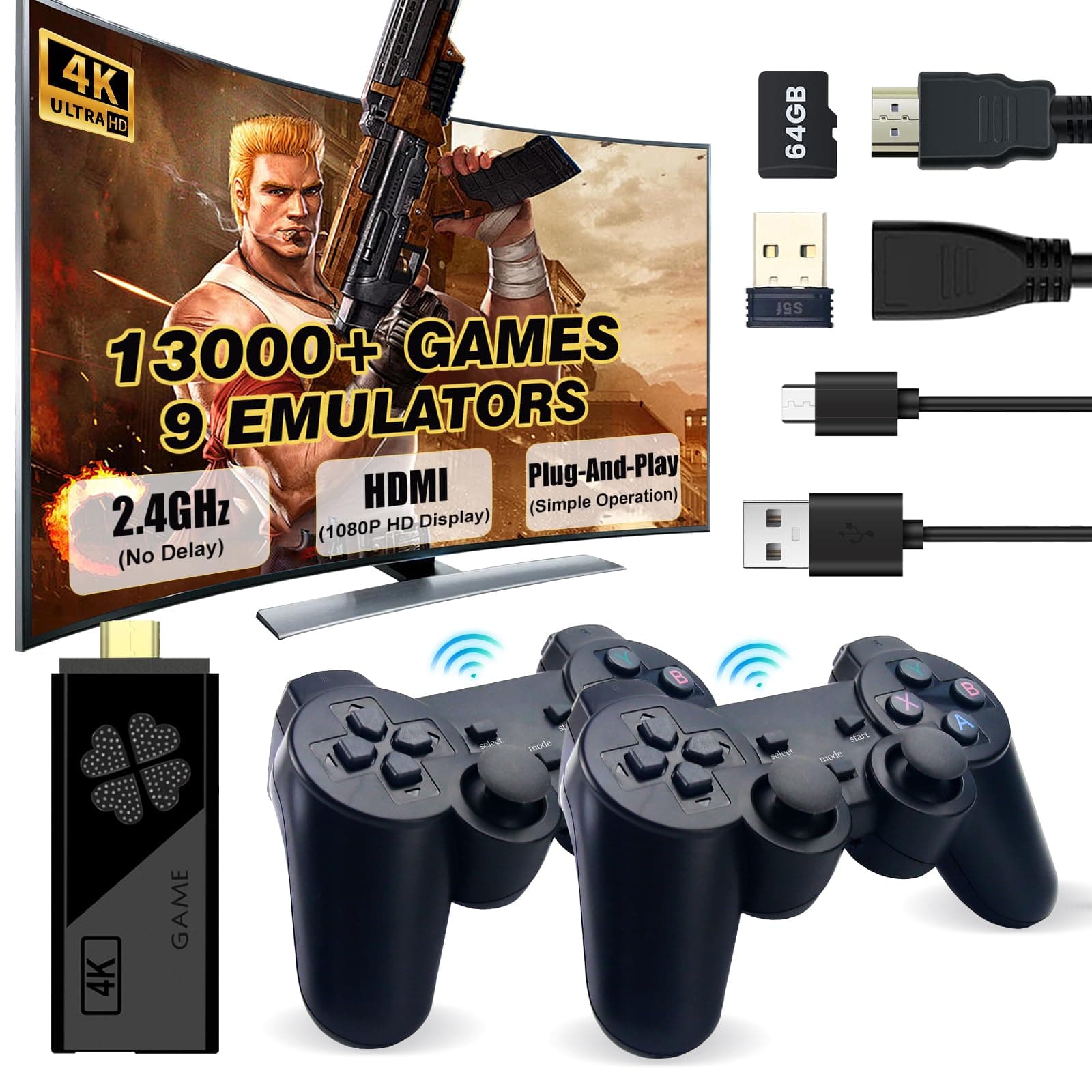 2nd Generation Wireless Retro Game Stick, Retro Video Game Console, 9 emulators, (64G), with Over 13000 Built-in Electronic Games, 4K HDMI Output, Dual 2.4G Wireless Control Plug and Play Retro Game
