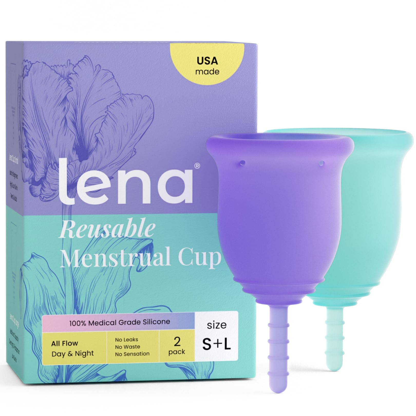 Lena Menstrual Cups Original 2-Pack Set (Small & Large) Soft Medical-Grade Silicone Period Cups for Women Heavy Flow, Reusable 12-Hour Leak-Free Comfort, Feminine Care, Purple and Turquoise