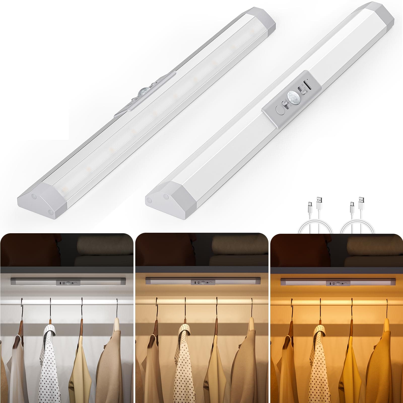 Rechargeable Motion Sensor Closet Light，3 Color Dimmable LED Bar with Eye Comfort Design，Magnetic Mount Wireless Battery Operated LED Lighting for Wardrobe，Stairs，Pantry，Hallway, 12inch, 2PCS