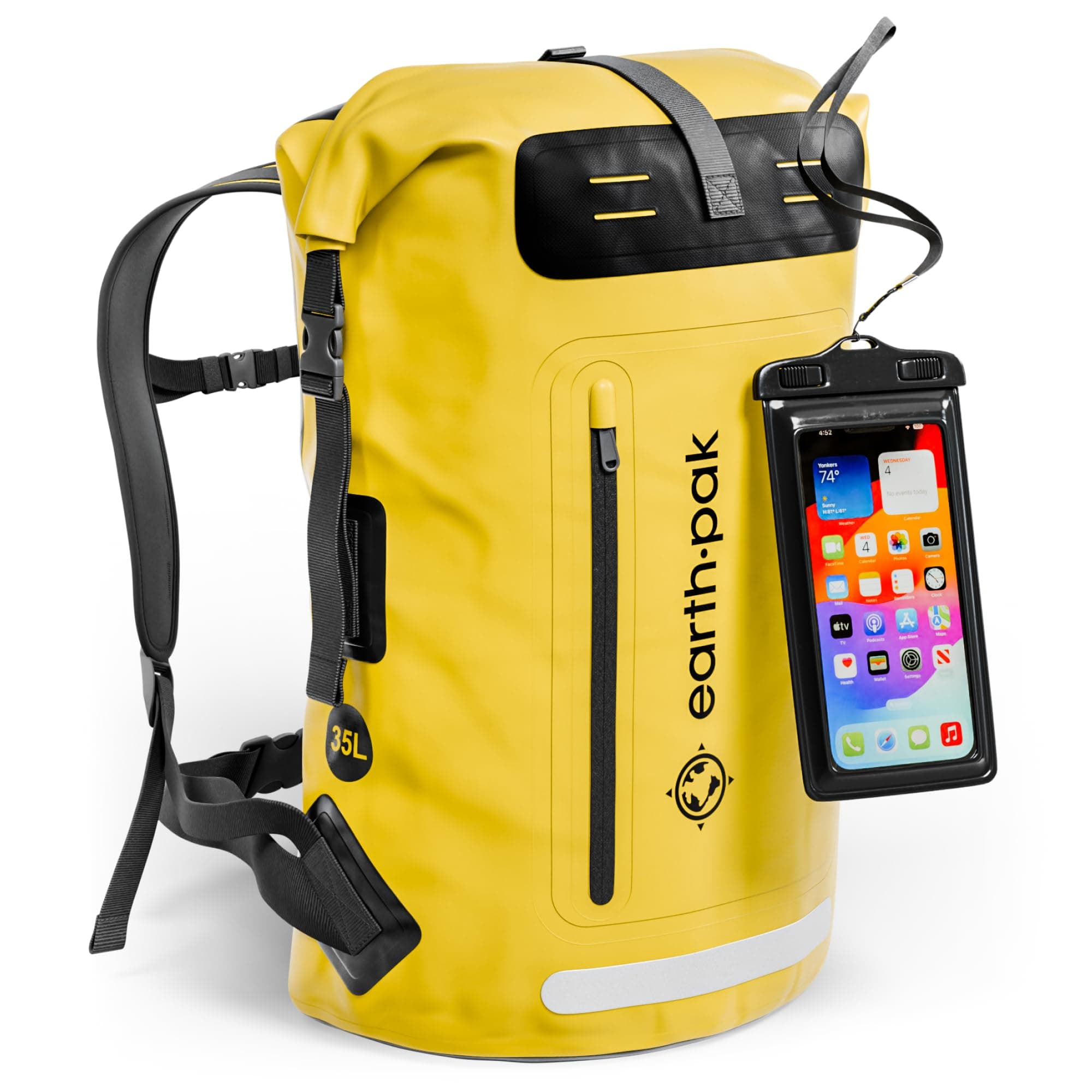 Earth Pak Waterproof Backpack with Roll-Top Closure, Front Pocket, Cushioned Back Panel & Phone Case (Yellow, 35L)