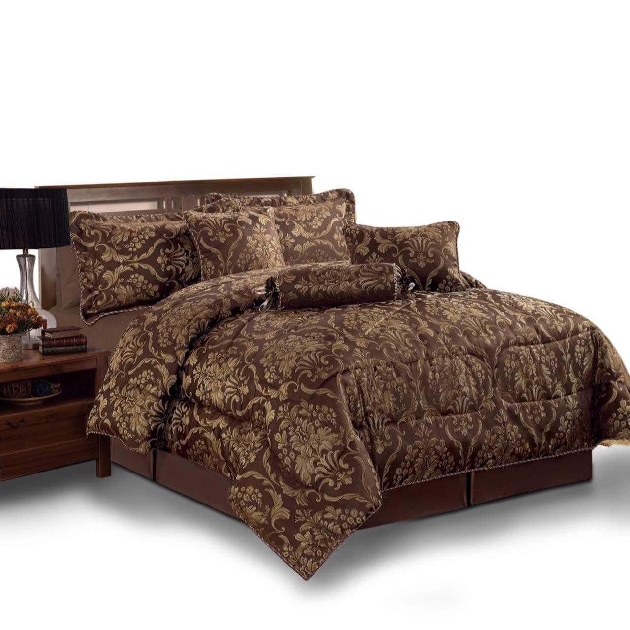 Sunrise Bedding Bedspread Set- 7 Piece Comforter Set- Jacquard Fabric Bedding Set Double, King All Season Bed Throw 220 GSM Matching Pillows, Cushions ,Neck Roll and Valance Sheet (Chocolate, King (255 x 225))