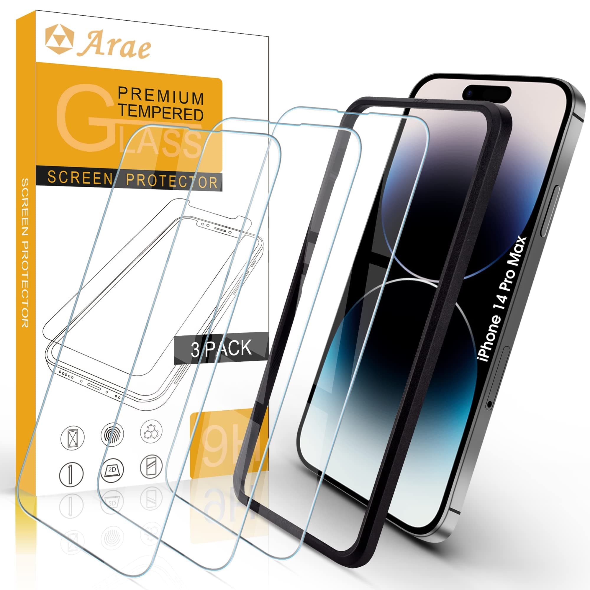 Arae Screen Protector for iPhone 14 Pro Max, HD Tempered Glass Anti Scratch Work with Most Case, 6.7 inch, 3 Pack