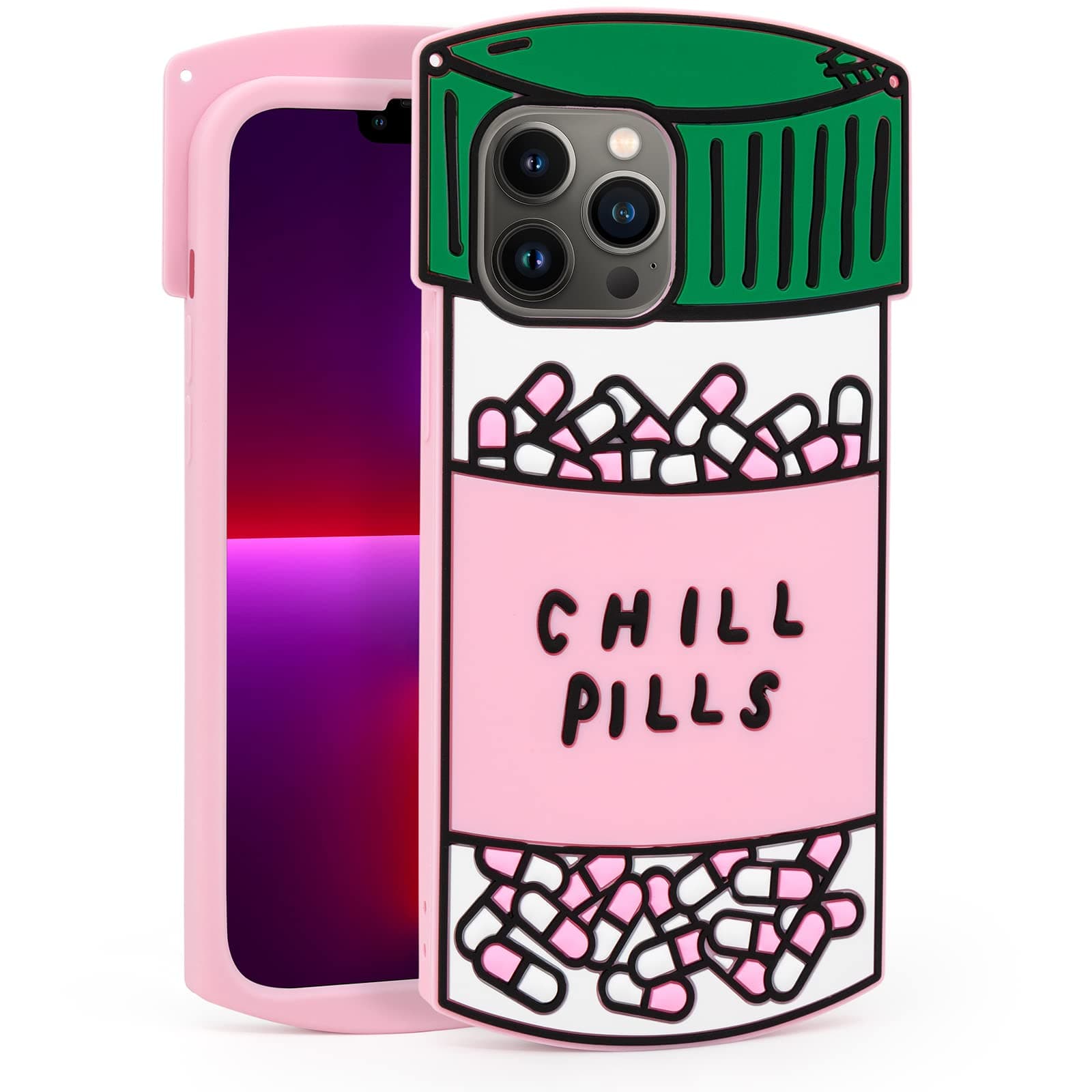 Cute Phone Case Compatible with iPhone 13 Pro Max, Chill Pills Capsule Bottle 3D Funny Cartoon Soft Silicone Shockproof Cases for Kids Girls Women Multicolor