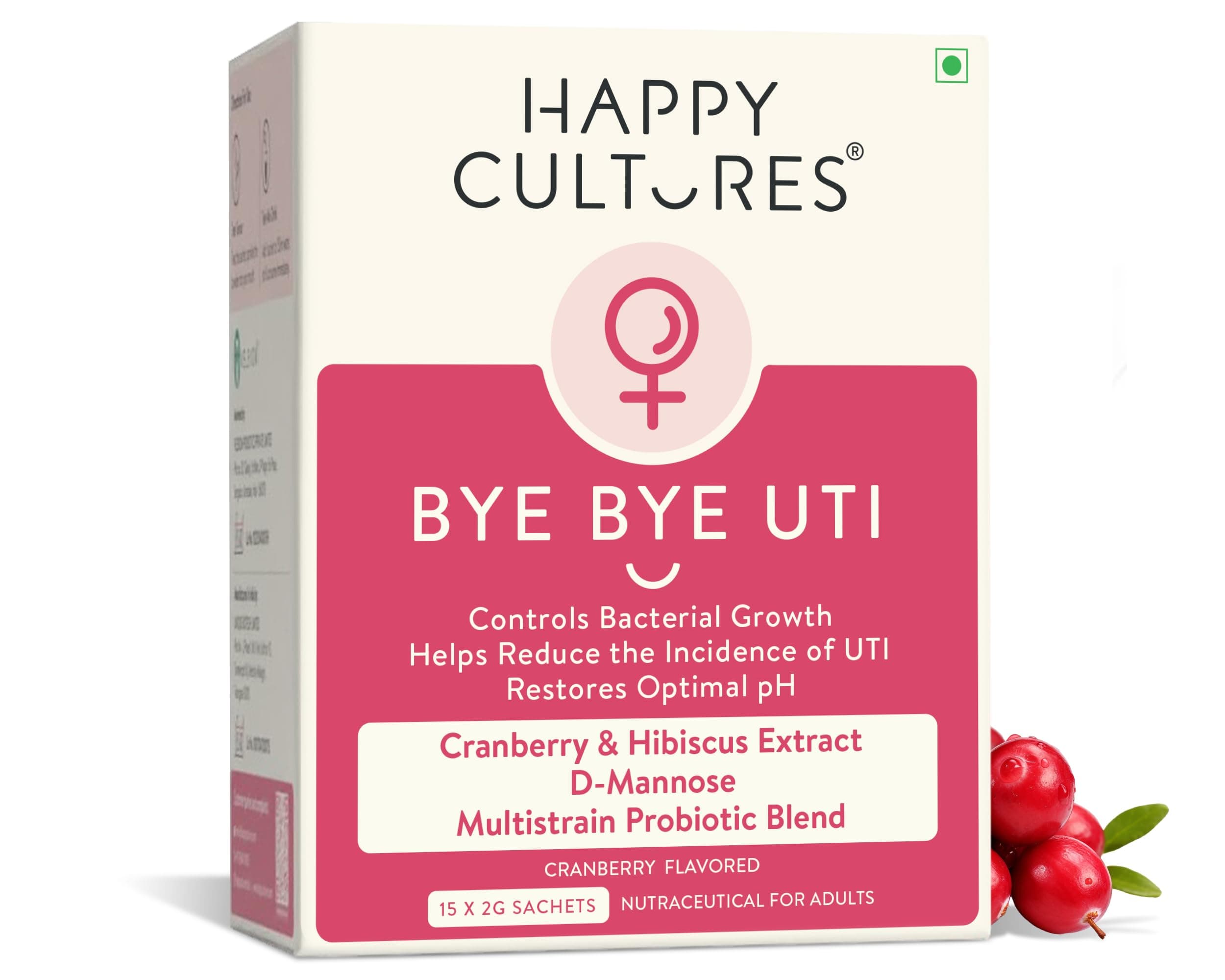 Happy Cultures Bye Bye UTI - Nutritional Supplement with D-Mannose, Cranberry Extract & Probiotics - Fast-Acting Relief & Prevention for UTI - 15 x 2g (Sachets)