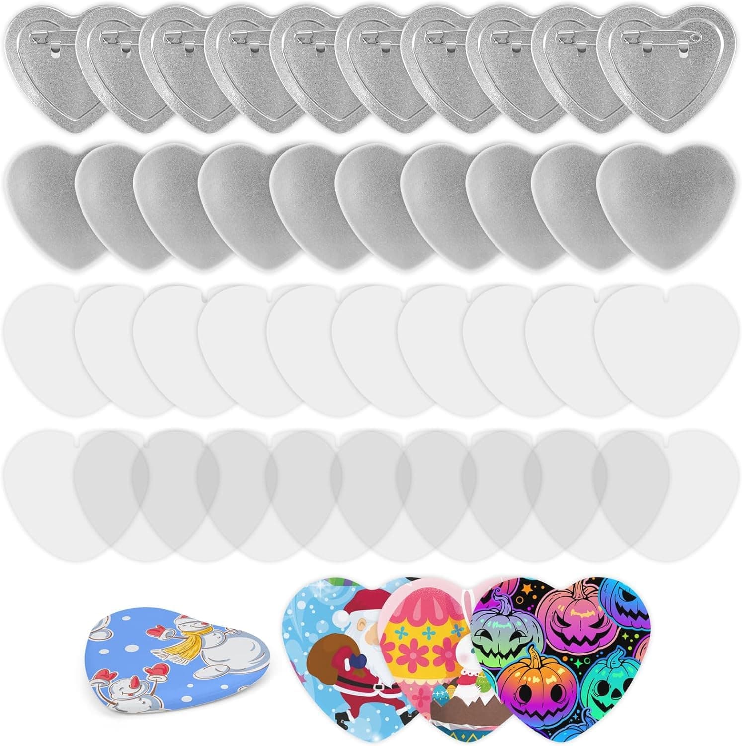 Button Badge, 100 Pieces Heart Shaped Blank Button Maker Supplies for Button Maker Machine Heart Badge Pin Button Parts, Includes Metal Button Pin Back Cover,Metal Shell,Clear Film,Gasket,Blank Paper