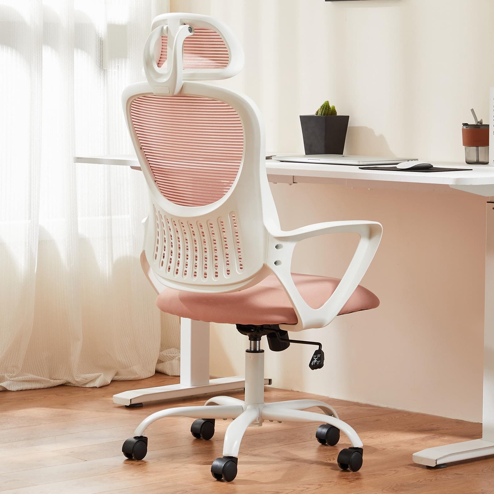 SweetcrispyOffice Computer Desk Chair, Ergonomic High-Back Mesh Rolling Work Chairs with Wheels and Adjustable Headrests, Comfortable Lumbar Support, Comfy Armrest for Home, Bedroom, Study, Pink