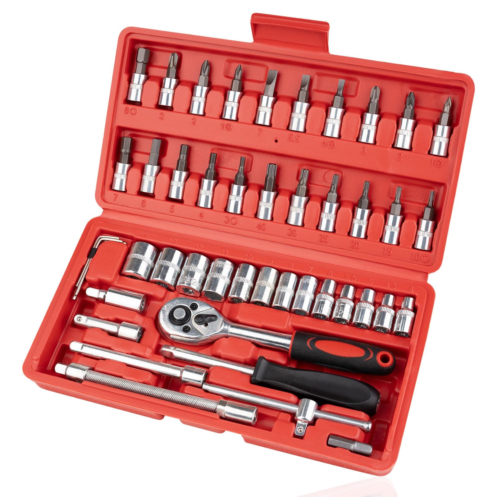 Beaiguna 46PCS Small Drive Socket Ratchet Wrench Screwdriver Set, 1/4 Inch Metric Socket and Ratchet Wrench Set with Extension Bar, Upgrade Compact Tool Set for Car