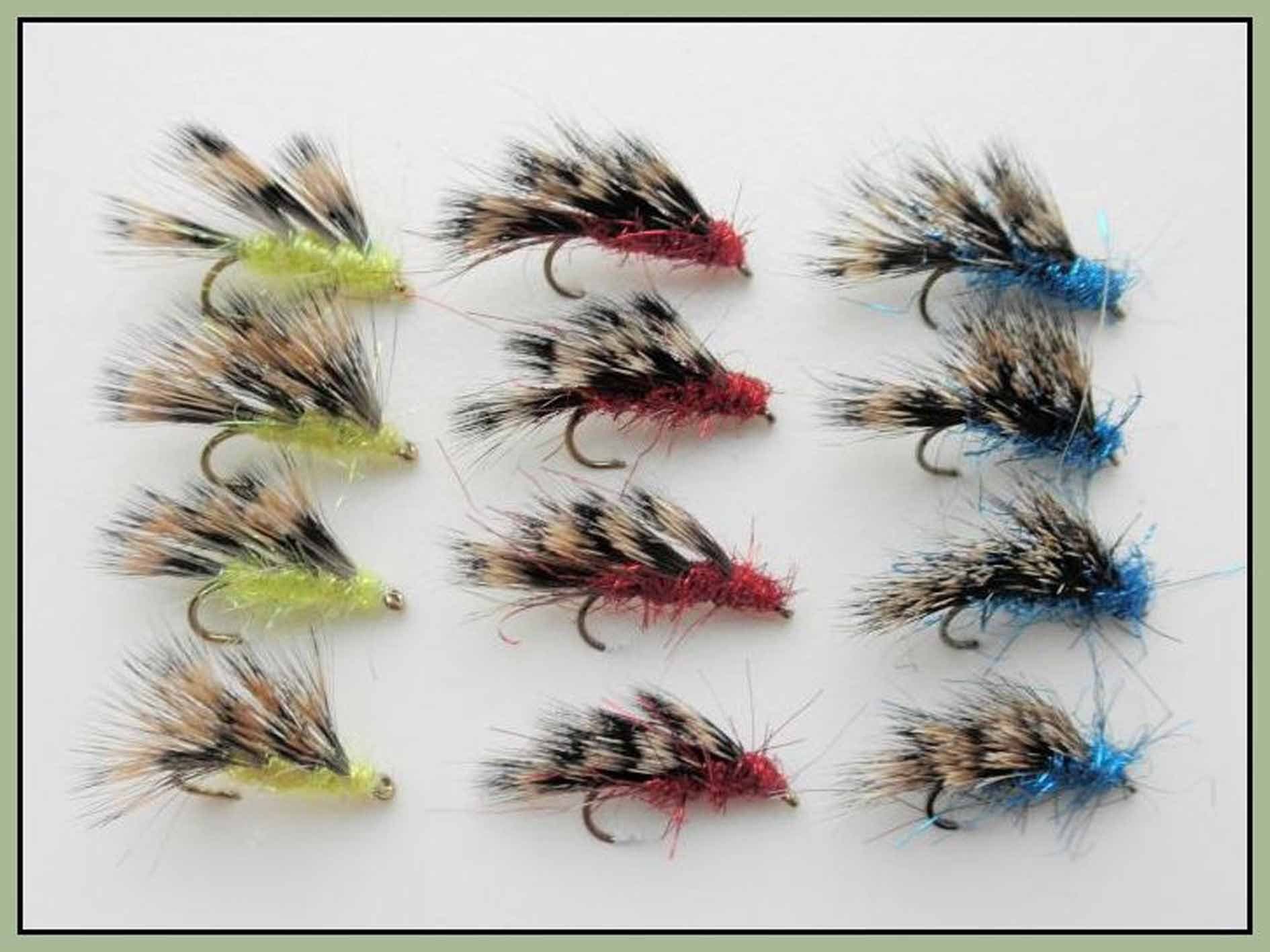 Sedge Hog Trout Fly, 12 Pack Yellow, Red & Blue, Mixed 10/12, For Fly Fishing