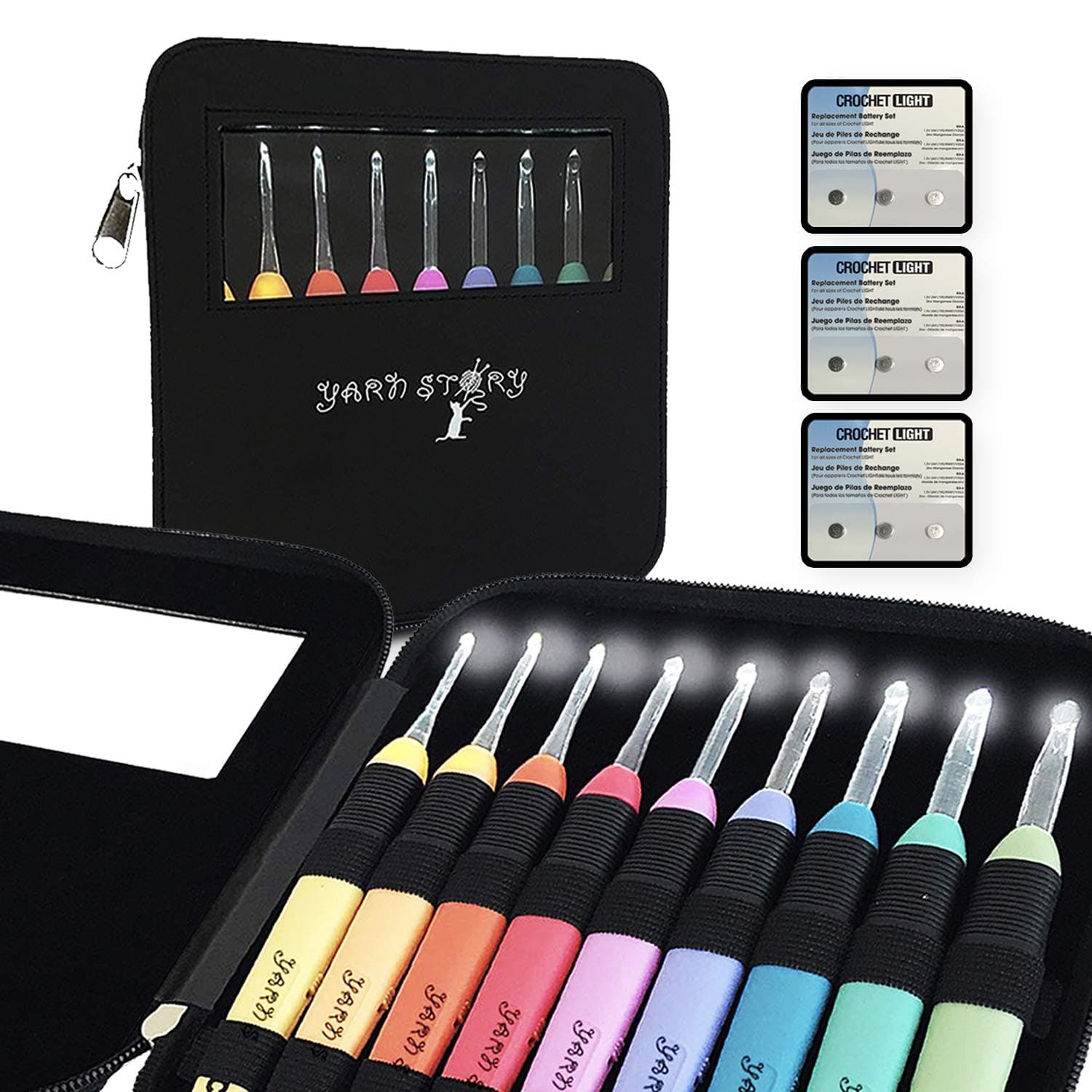 Crochet Kit, 9 Crochet Light Hooks, Lighted Crochet Needles Set - Led Crochet Hook Set with Ergonomic Handle, Crochet Hook Case and 9 Extra Batteries - 9 Knitting Needles from 2.5mm to 6.5mm (Black)
