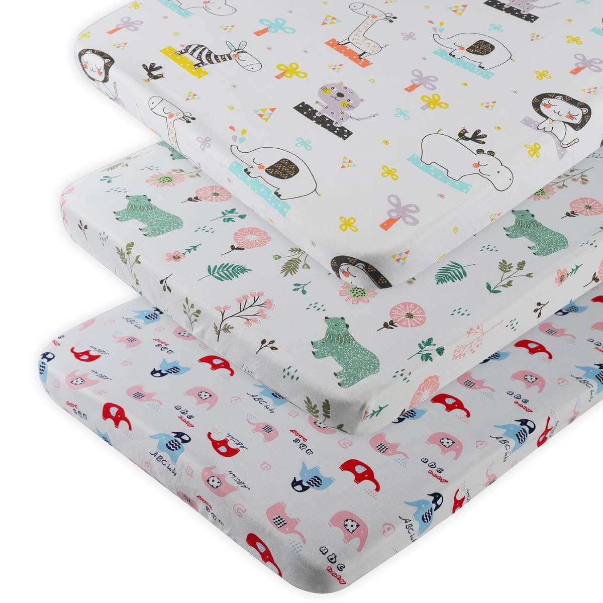 Onacosht Pack n Play Fitted Sheet 3 Pack 100% Jersey Cotton 195 GSM Playard Sheets Set Soft Stretchy Mini Crib Mattress Cover for Baby Boy Girl, White with Bear Elephant Cat and Flower Pattern