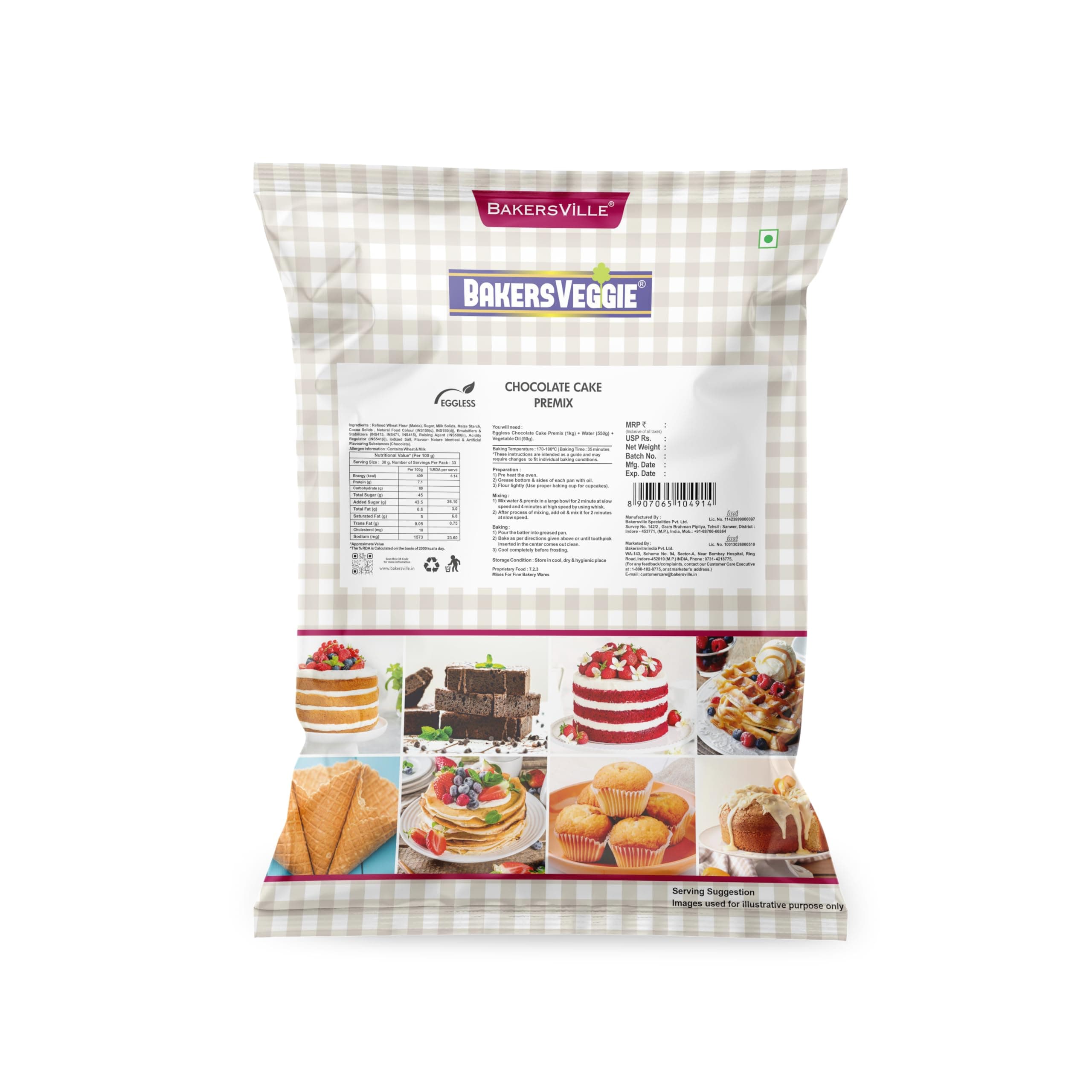 Bakersveggie Eggless Cake Premix, 1 Kg (Chocolate Cake Premix)