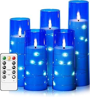 Flameless LED Candles with Timer 5 Pc Flickering Flameless Candles for Romantic Ambiance and Home Decoration Stable Acrylic Shell,with Embedded Star String，Battery Operated Candles（Blue）