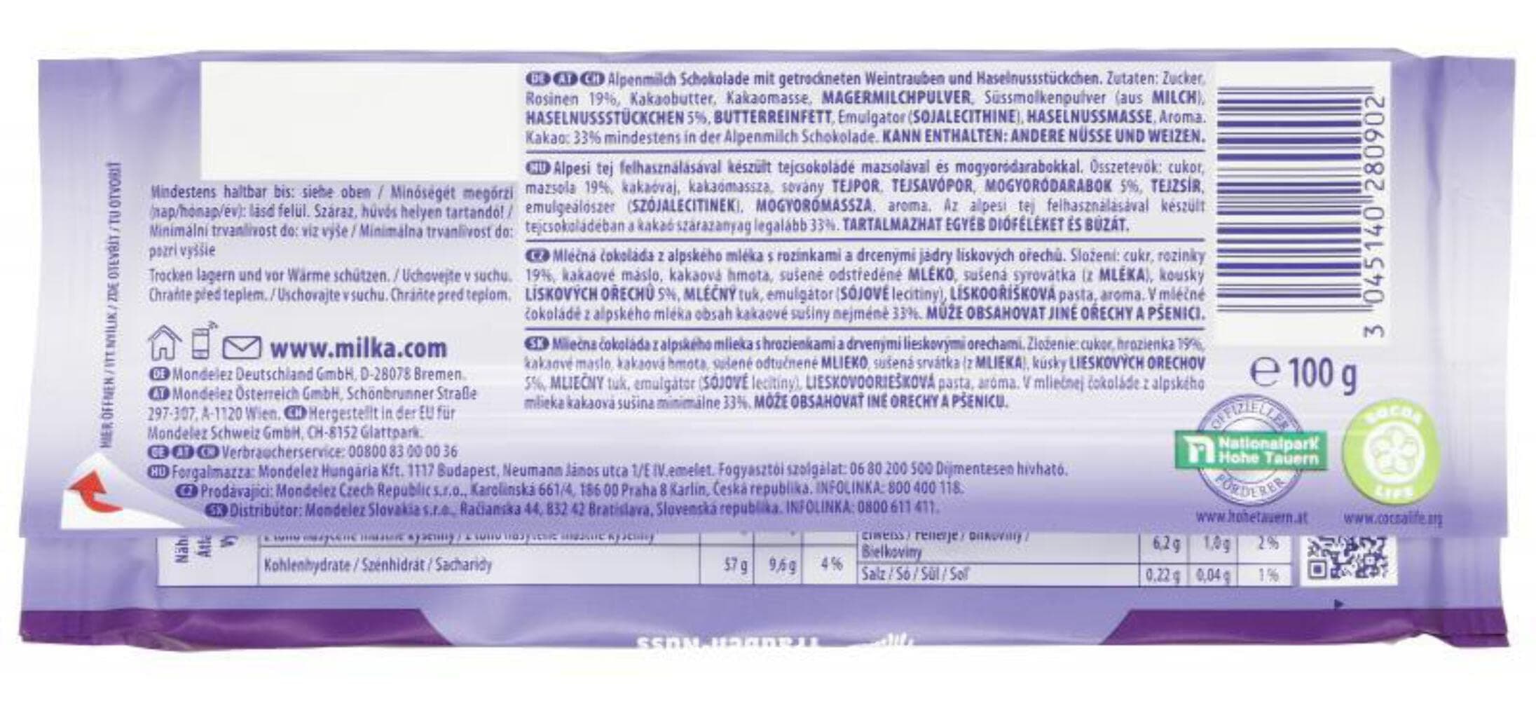 Milka - Nuts & Raisins Chocolate - 100gr