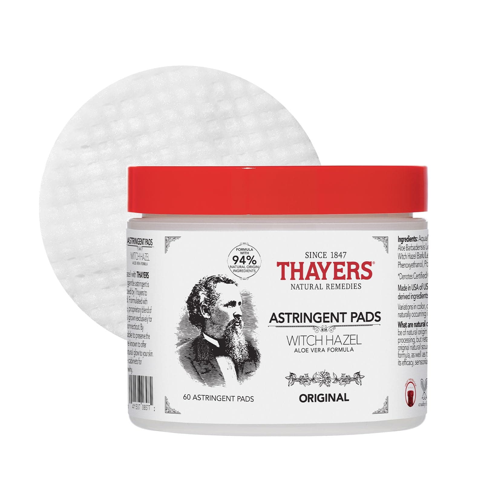 Thayers Original Witch Hazel Astringent Pads with Aloe Vera