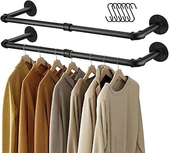 Greenstell Industrial Pipe Clothes Rack Wall Mounted,Space-Saving Iron Garment Rack Multi-Purpose,Detachable Rustic Hanging Shelves 2 Base Black(2 Pack)