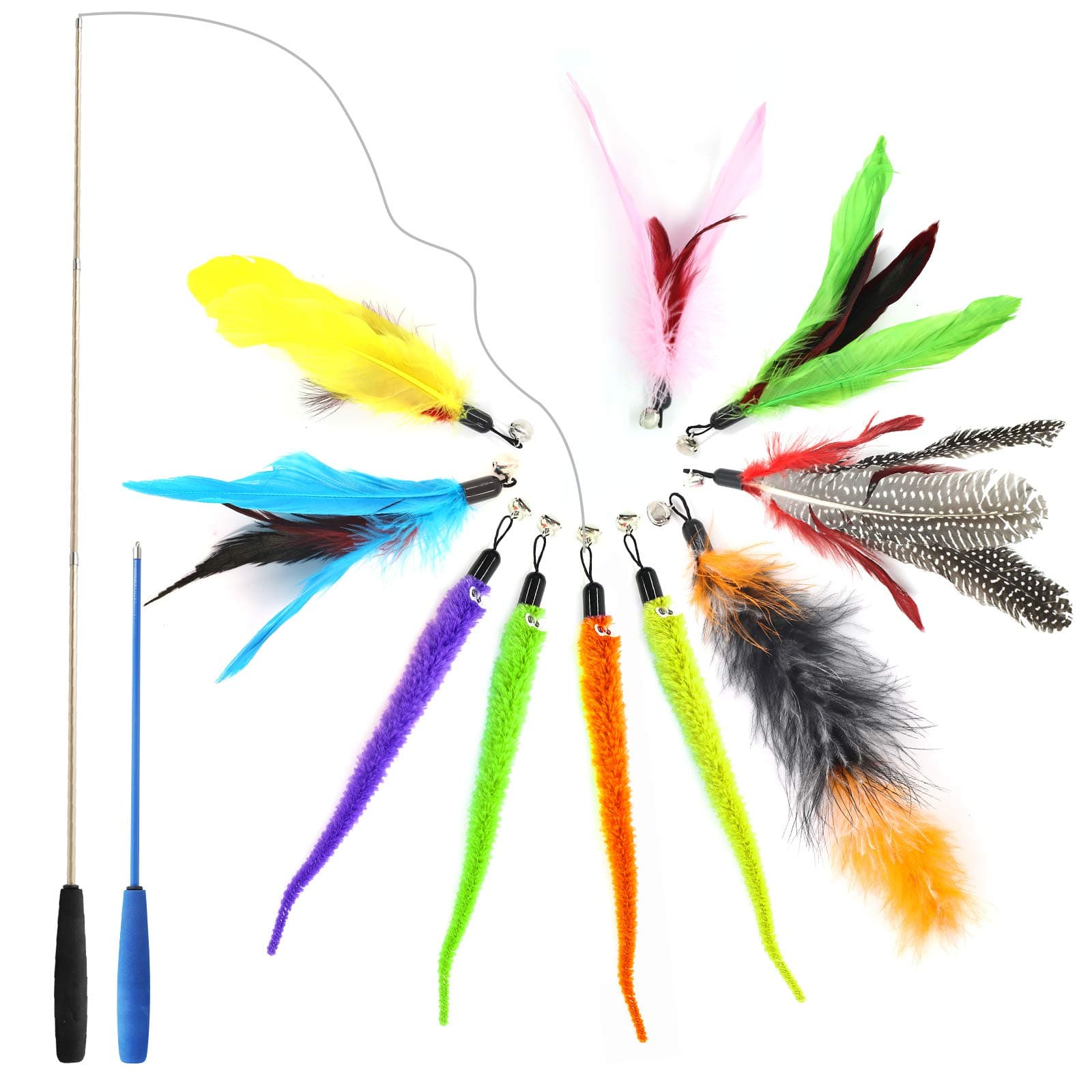 PHYLES Cat Feather Toys, Retractable Interactive Cat Wand, 10 Replacement Refills with Bells, Indoor Cat and Kitten Interactive Training Toy (12pack)