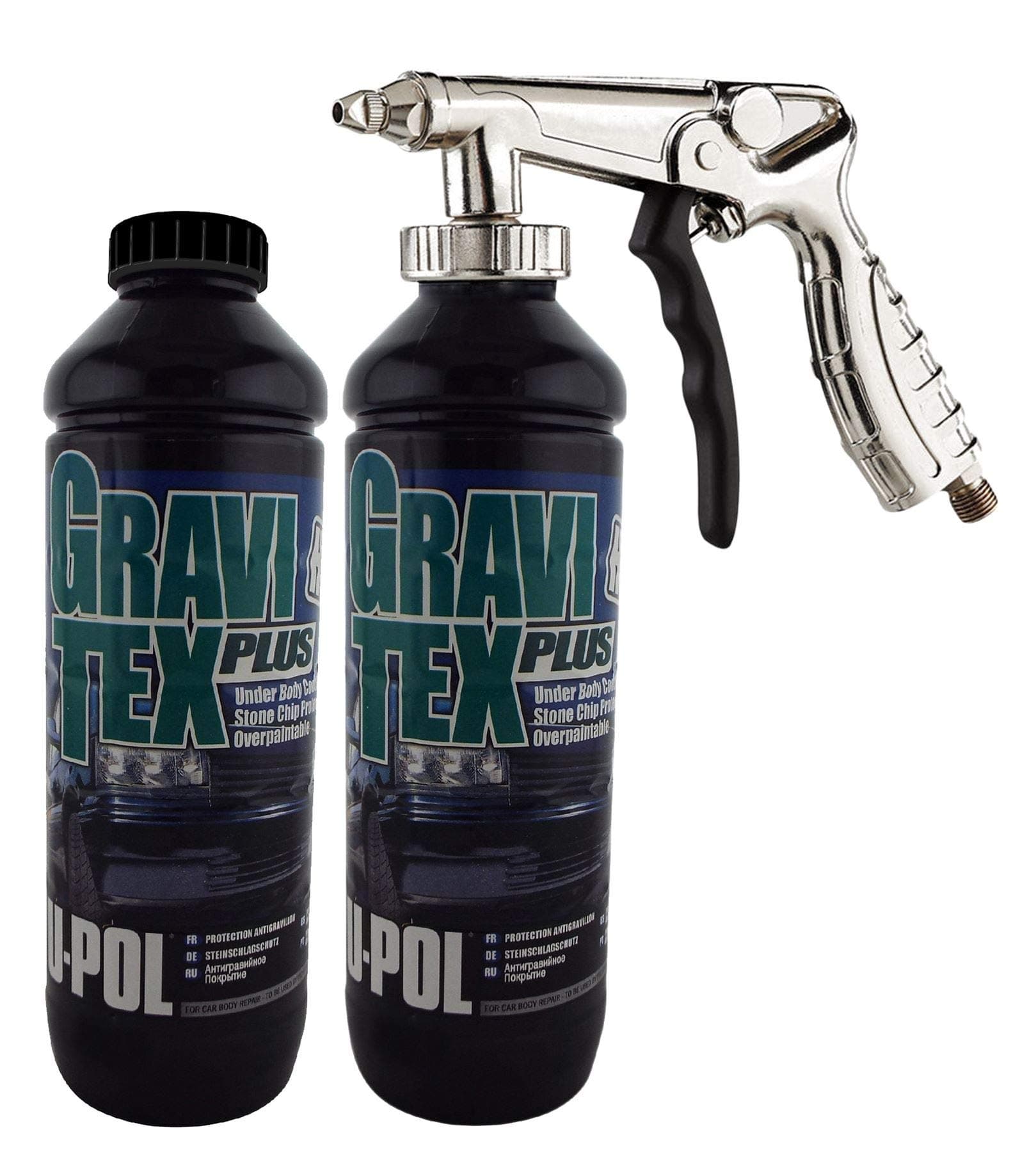 UPol Gravitex Stone Chip Protector Black 1 Litre X 2Overpaintable Chassis Protection + Air Application Gun Tough Hard Durable Coating Designed To Reproduce The Manufacturers Original Stone Chip Finish