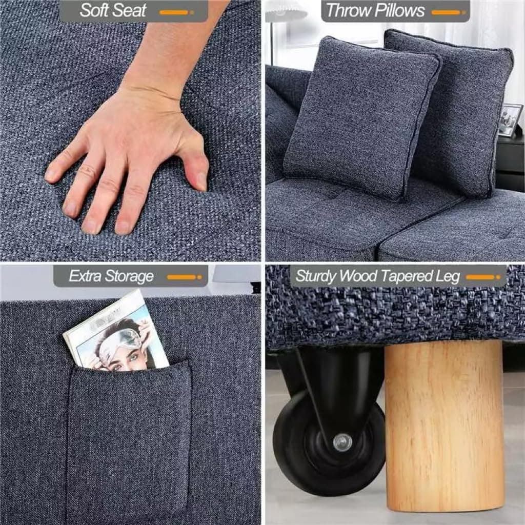 SEJOV Sofa Bed 4-in-1 Convertible Sofas & Couches, 3-Seat Linen Fabric loveseat Sofa with 2 Throw Pillow, Single Recliner for Small Space with 5 Adjustable Backrest, Blue