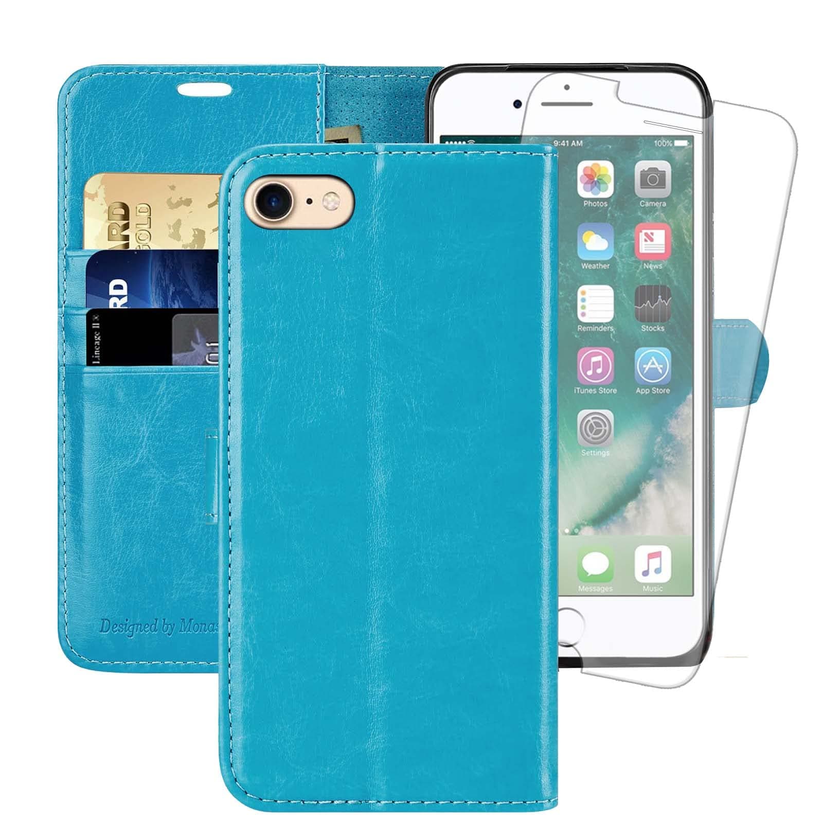 – iPhone SE 2022/2020 5G Case,iPhone 8 Wallet Case, iPhone 7 Case,4.7-inch, [Glass Screen Protector] Flip Folio Leather Cell Phone Cover with Credit Card Holder,Light Blue