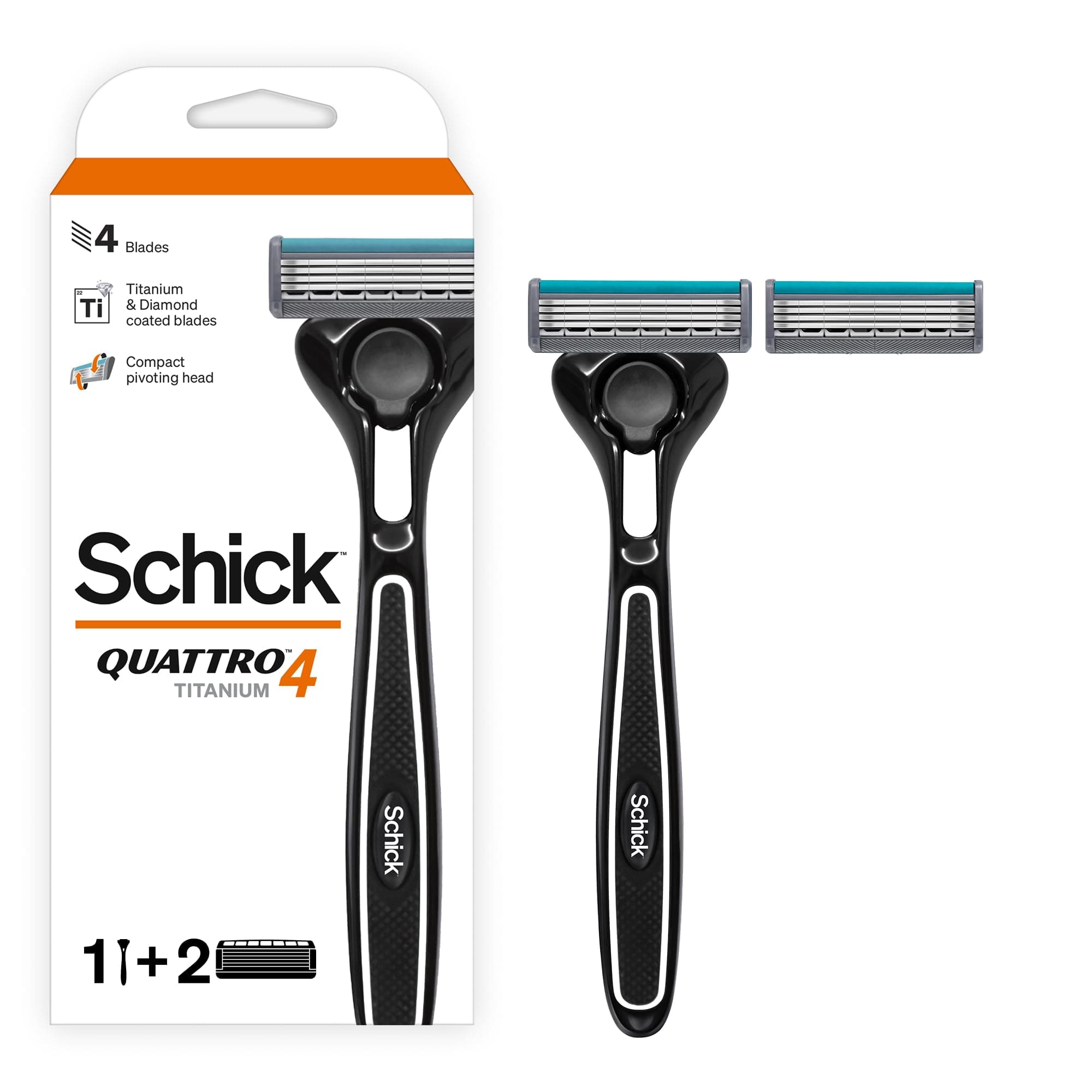 Schick Quattro Titanium 4 Blade Razor For Men-Titanium & Diamond Coated Blades-Smooth Clean Shave-Skin Guard Protects From Razor Burn-Comfort Grip Handle-1 Razor + 2 Cartridges - System Razor