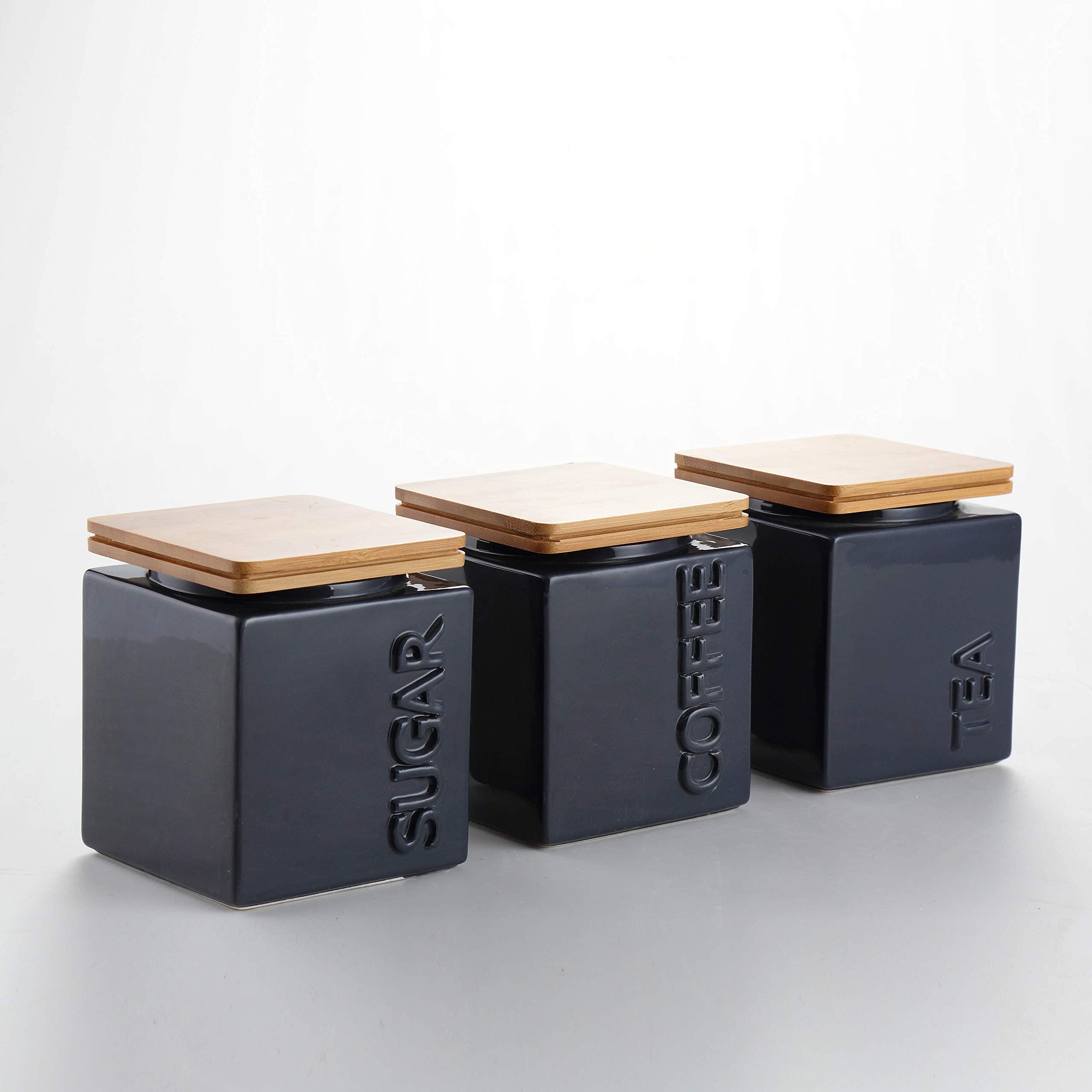 Ceramic Canister Set for Kitchen - 3-Piece Black, Coffee, Tea and Sugar Jars with Bamboo Lids - Square Elegant Design - Airtight Sealed Silicone Gasket - Original Gift