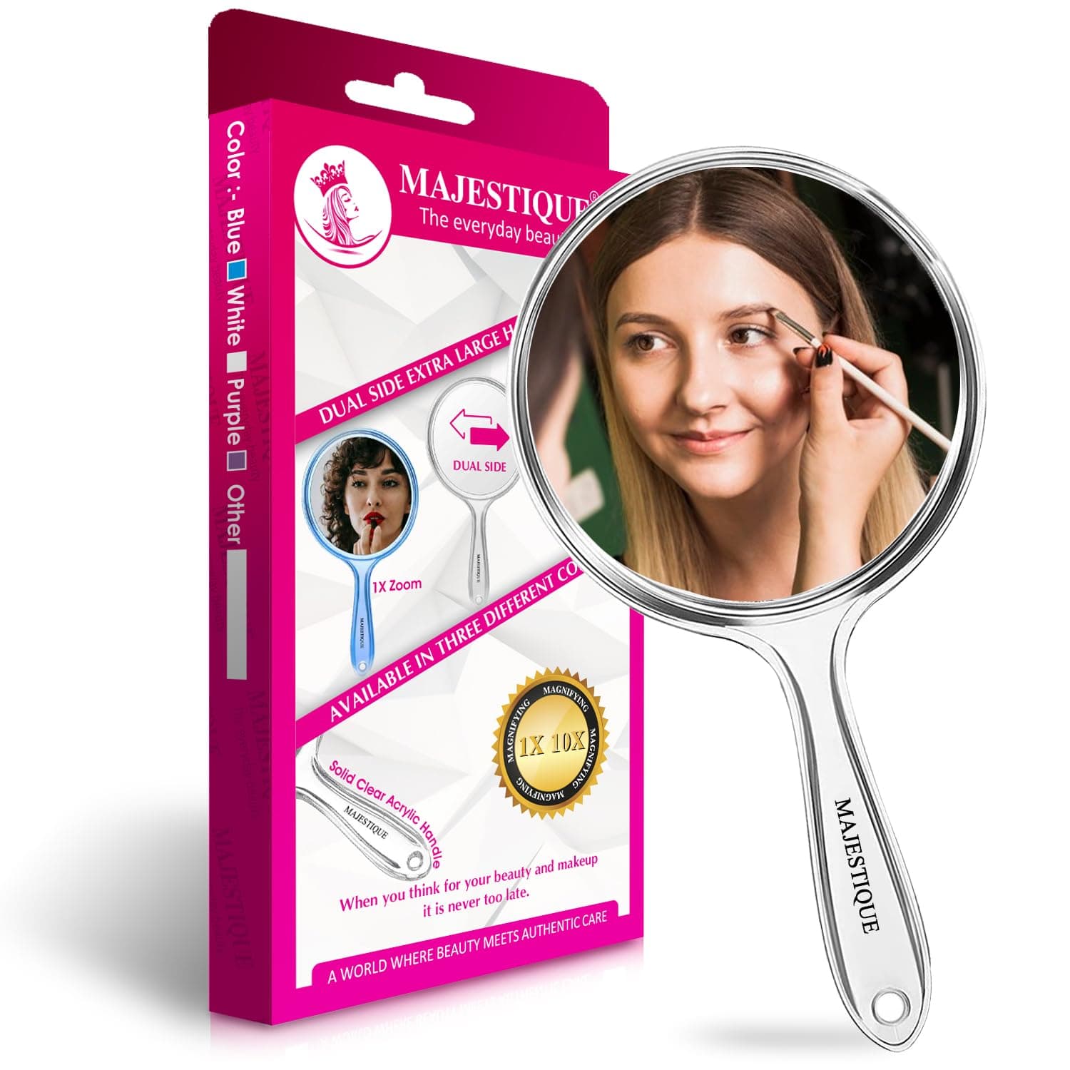 MAJESTIQUE Plastic Dual Side Extra Large Handheld Mirror, 1X/ 10X Round Magnifying Compact Mirror Perfect For Shaving, Makeup, Tweezing Or Shaping Eyebrows, Contact Lens - Color May Vary, Wall