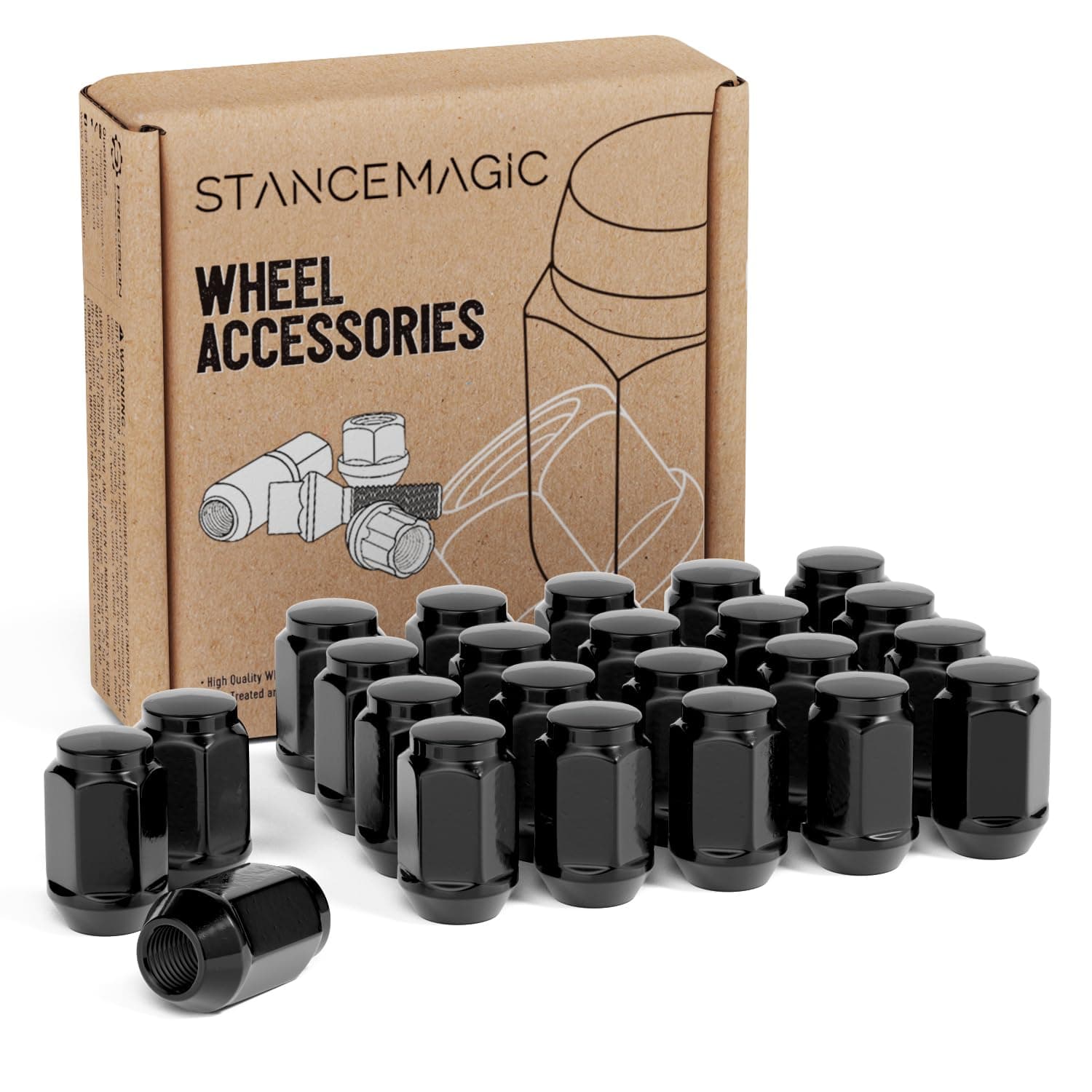 StanceMagic 23pcs Bulge Closed End Lug Nuts - 1/2x20 Threads, Cone Seat, 3/4" 19mm Hex - Compatible with Jeep Wrangler TJ JK Cherokee XJ Wrangler Liberty Rubicon CJ5 CJ7 ZJ WJ - Black, 1.4in Length