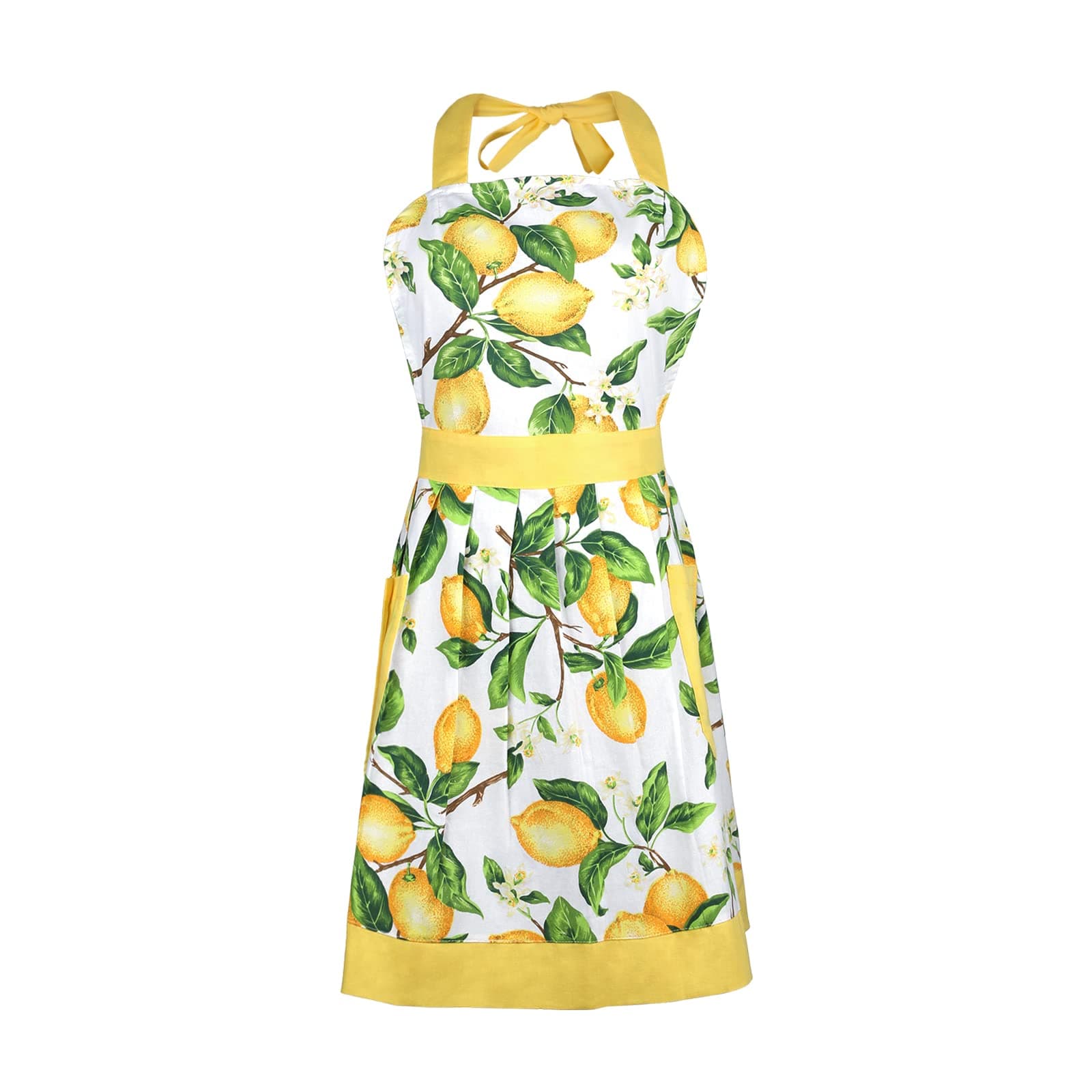 G2PLUS Lemon Cotton Women's Kitchen Apron Adjustable Cooking Baking Garden Chef Apron with Pocket Great Gift for Wife Ladies Lovely Lemon Tree Floral