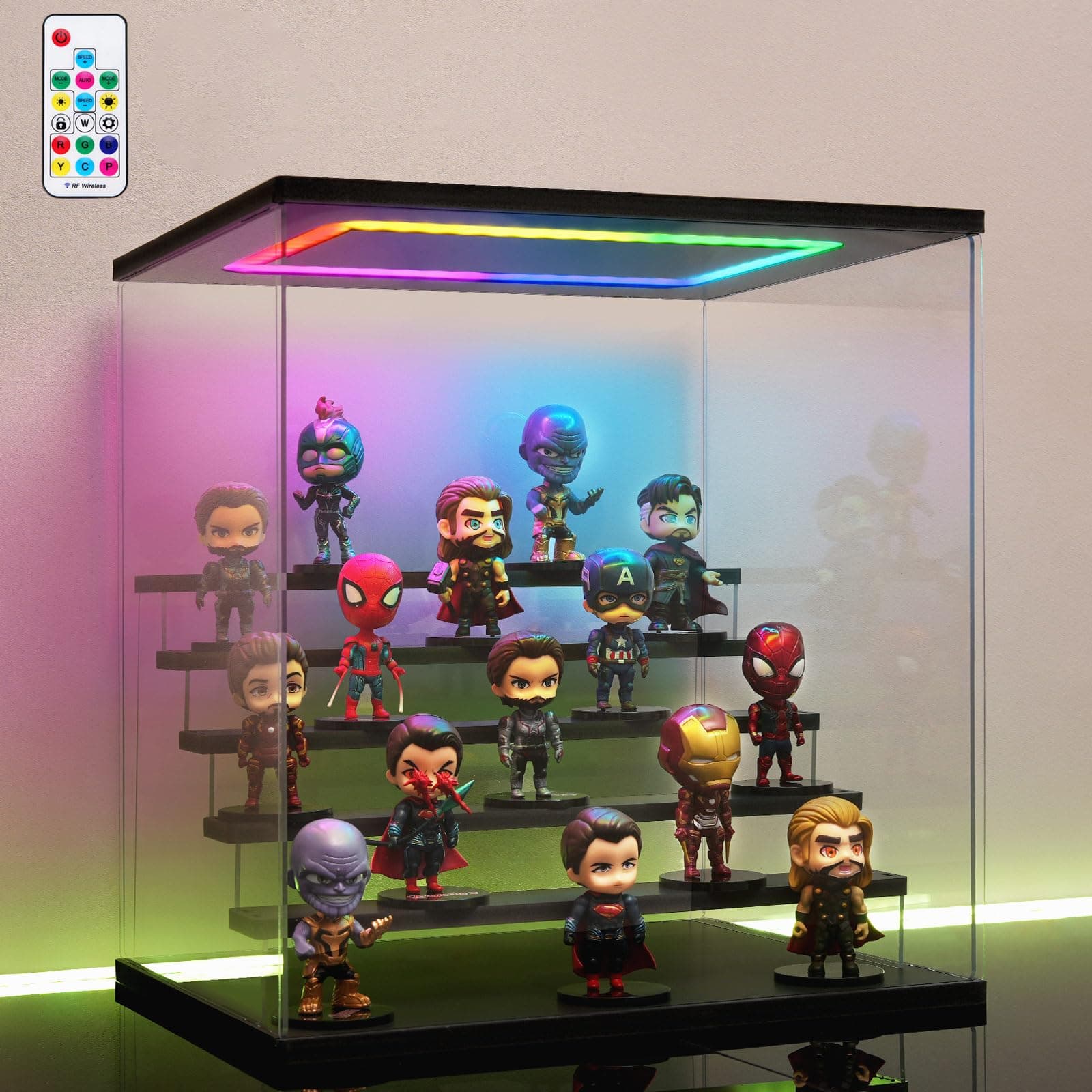 Clear Acrylic Display Case with Light , 6 Tier Multiple Color Lights Display Box Stand Assembly Dustproof Protection Showcase for Collectibles Action Figures (Black 6 Tier S 15.8*12.6*16.5in)