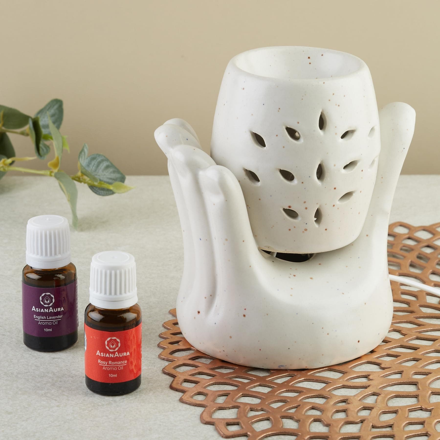 Asian Aura Hand Shaped Ceramic Electric Aroma Diffuser for Home Fragrance| Oil Burner| Oil Warmer Hand Shaped Diffuser with 2 Aroma Oils (English Lavender & Rosy Romance Fragrance 10ml Each)- White