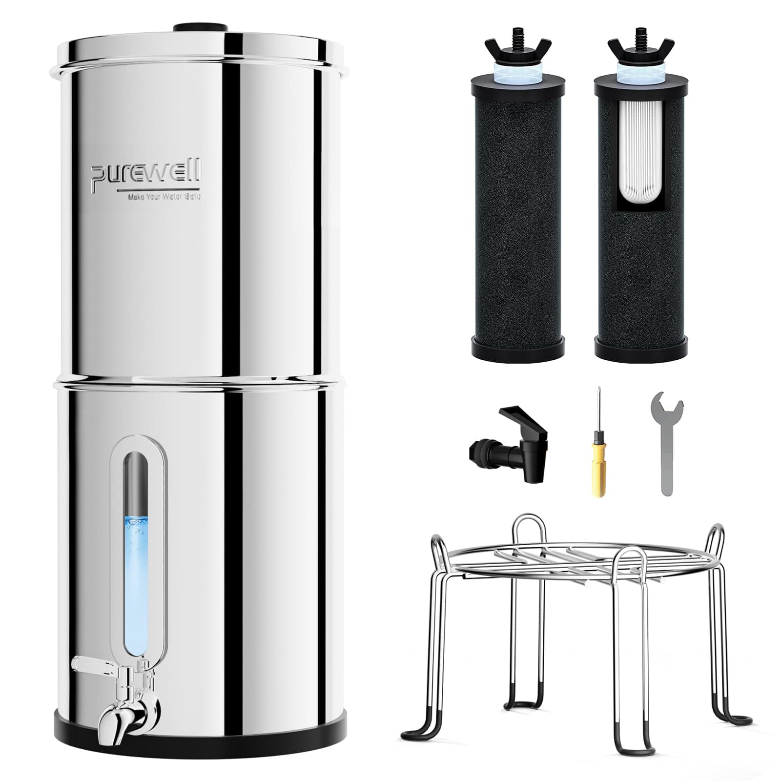 2.25G Gravity Water Filter System with Water Level Window, 3-Stage 0.01μm Ultra-Filtration Stainless Steel Countertop System with 2 Filters and Stand, Reduce 99% Chlorine, PW-KS