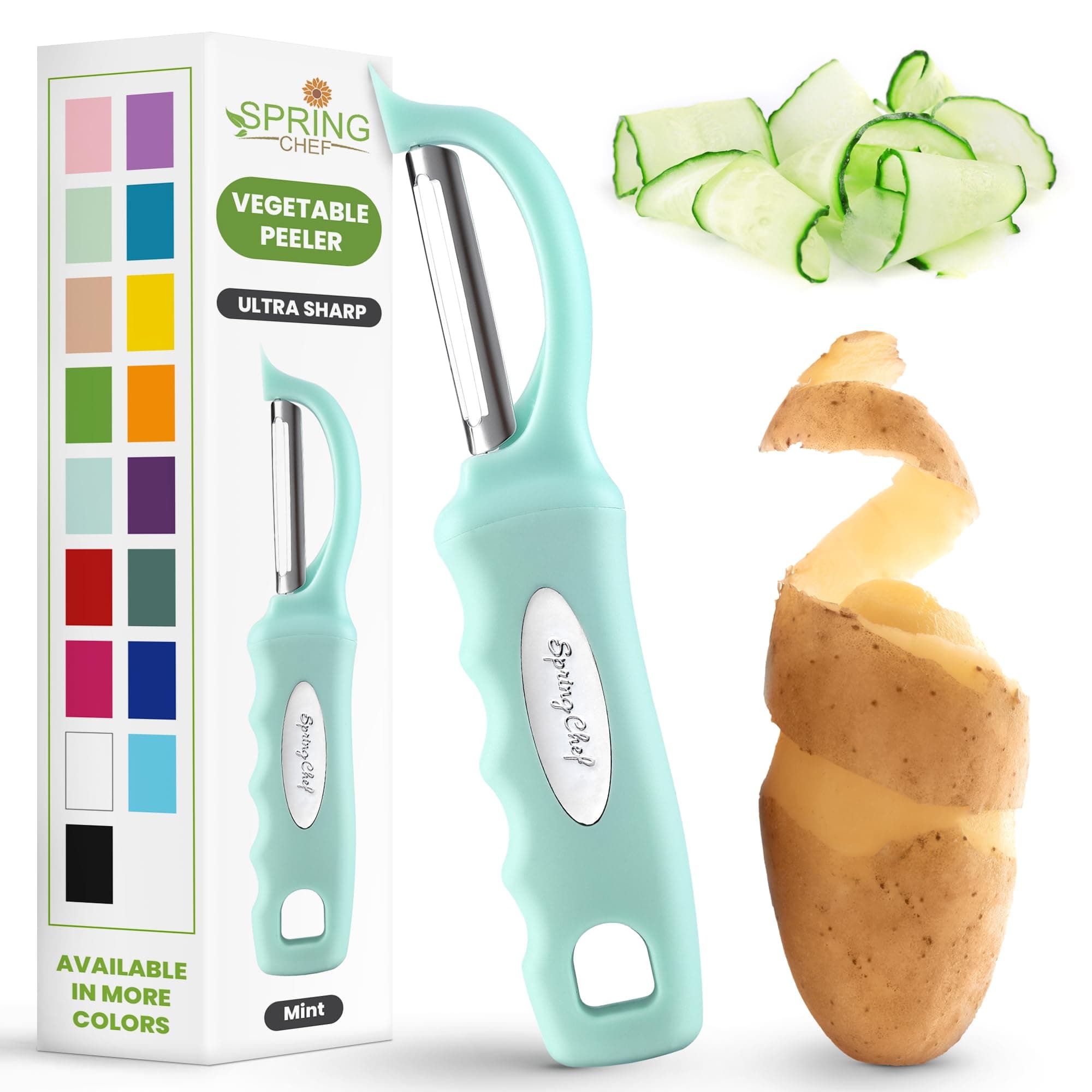 Spring Chef Premium Swivel Vegetable Peeler with Soft Grip Handle & Ultra Sharp Blades - Stainless Steel Potato Peeler - Kitchen Gadgets for Veggie, Fruit, Carrot, Apple, Cucumber - Mint
